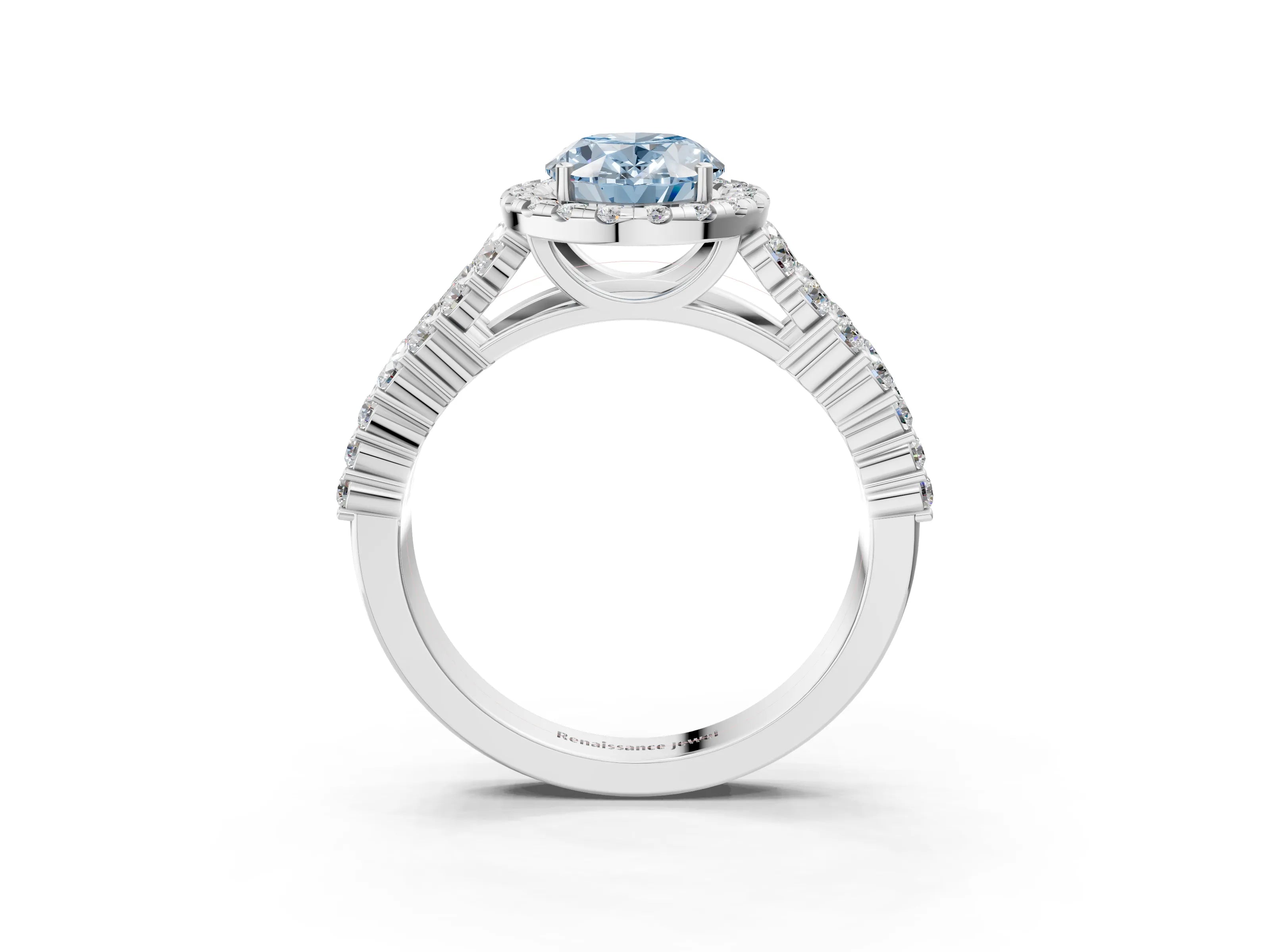 White gold Fancy Blue Oval Cut Halo Pavé Diamond Engagement Ring with Split Shank and Four-Prong Setting_6