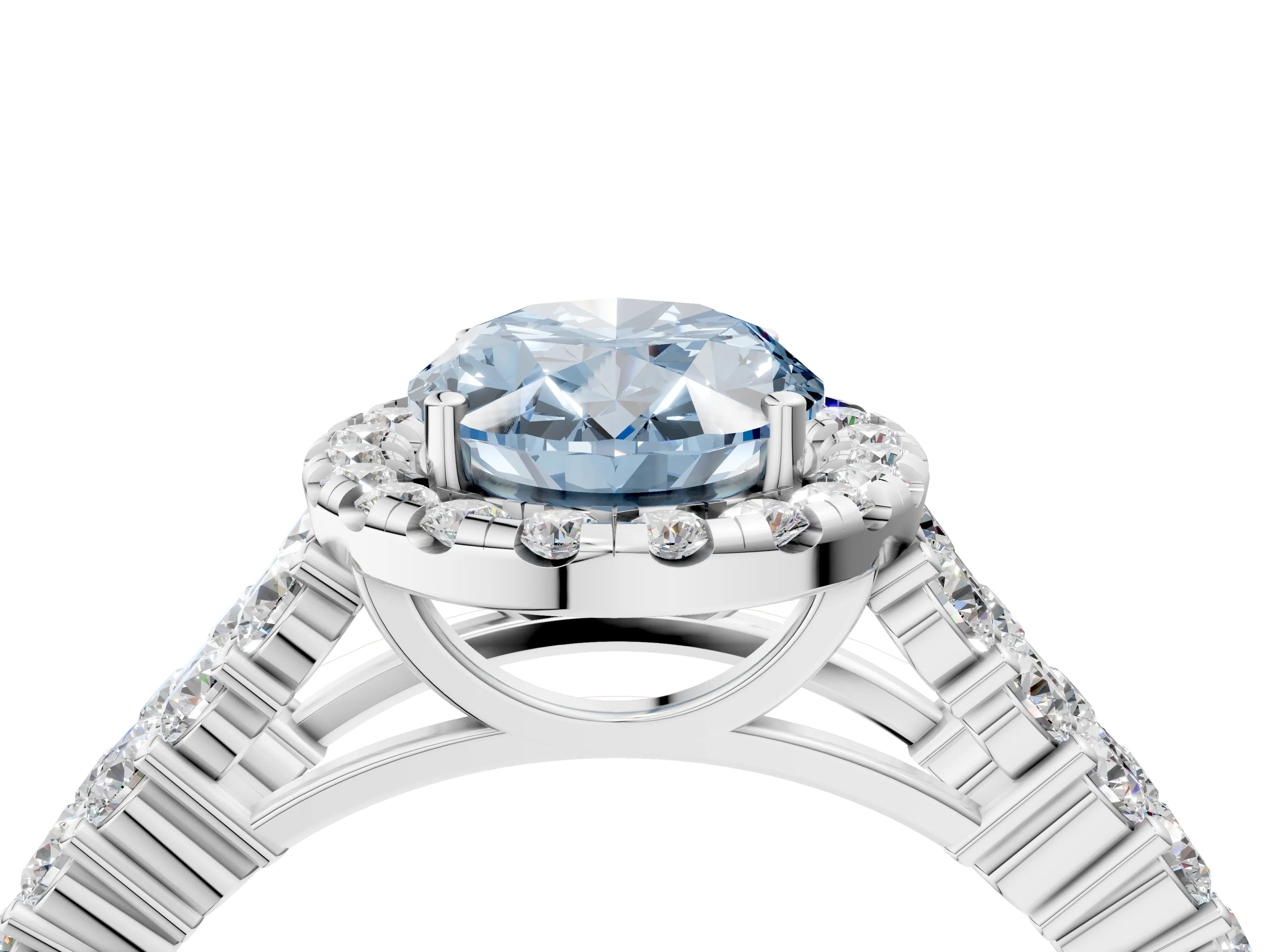 White gold Fancy Blue Oval Cut Halo Pavé Diamond Engagement Ring with Split Shank and Four-Prong Setting_7