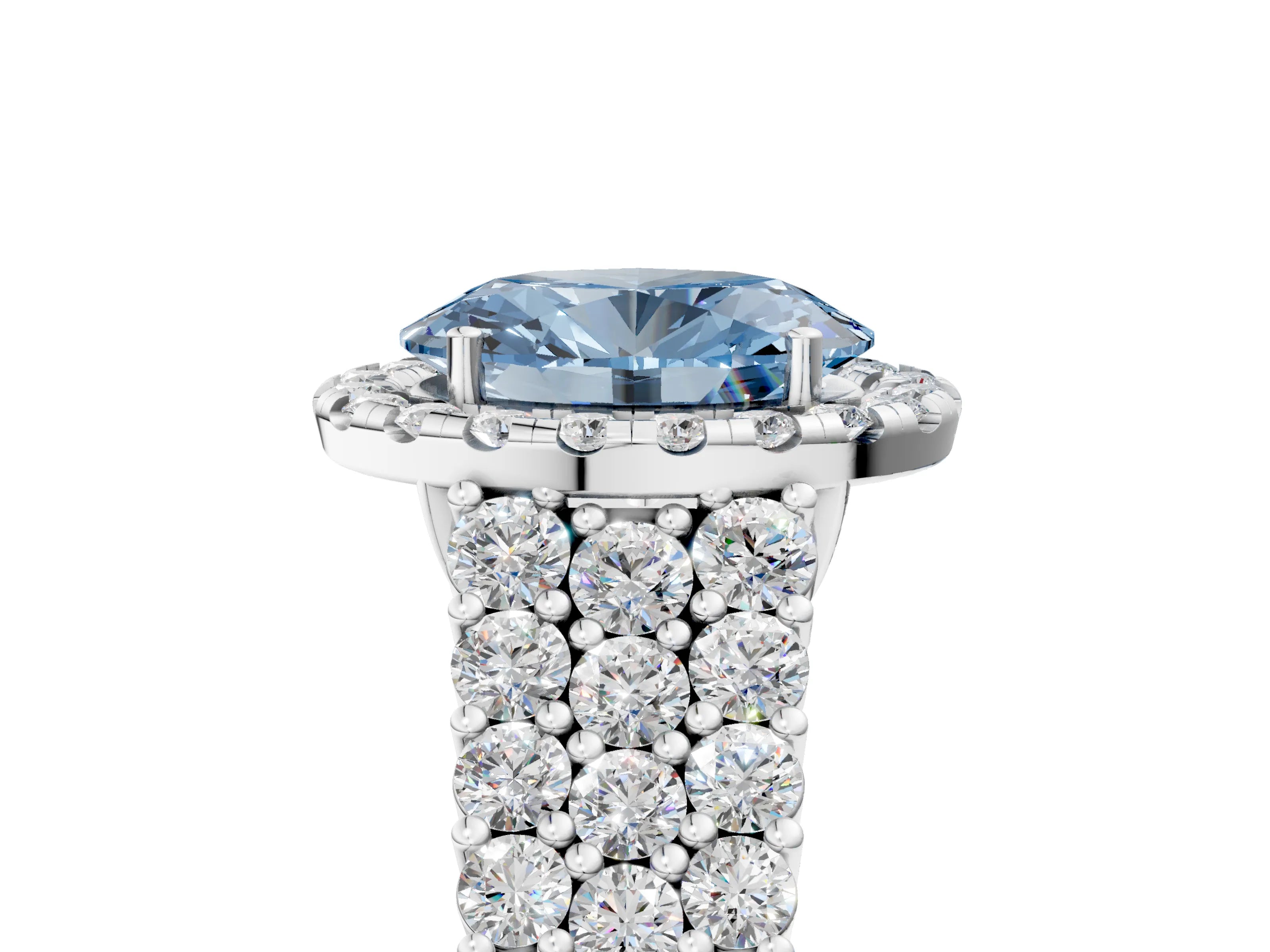 White gold Fancy Blue Oval Cut Halo Pavé Diamond Engagement Ring with Split Shank and Four-Prong Setting_8