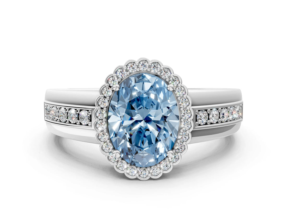 White gold Fancy Blue Oval  Cut Halo Pave Band Four-Prong Ring_72