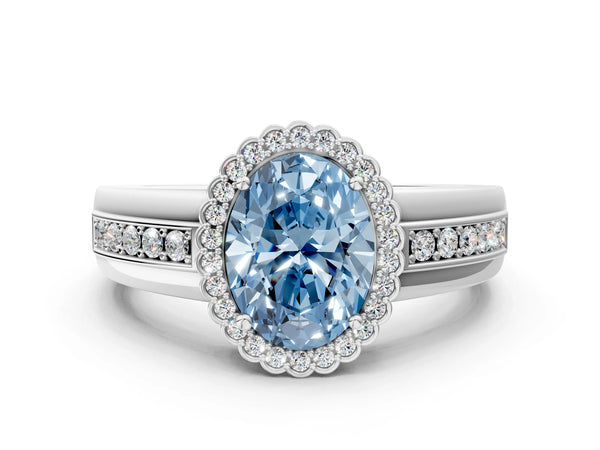White gold Fancy Blue Oval  Cut Halo Pave Band Four-Prong Ring