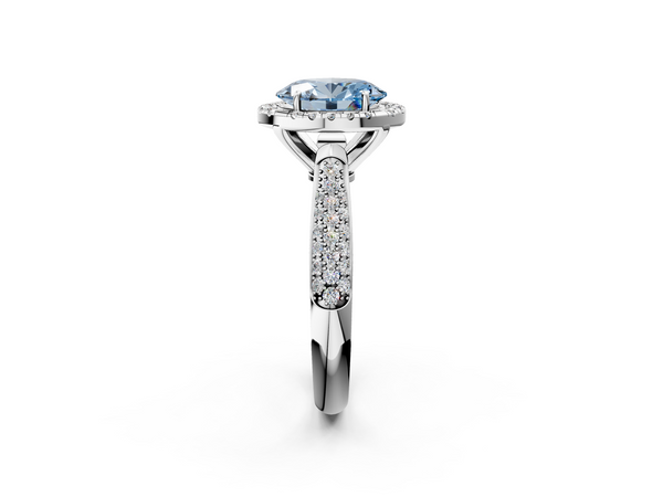 Platinum Fancy Blue Oval  Cut Halo Pave Band Four-Prong Setting Ring