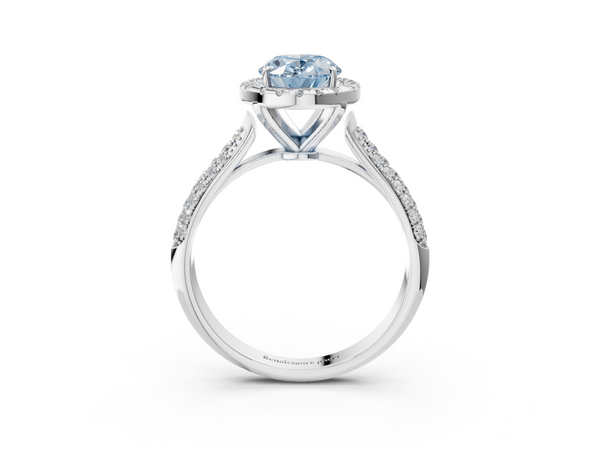 Platinum Fancy Blue Oval  Cut Halo Pave Band Four-Prong Setting Ring