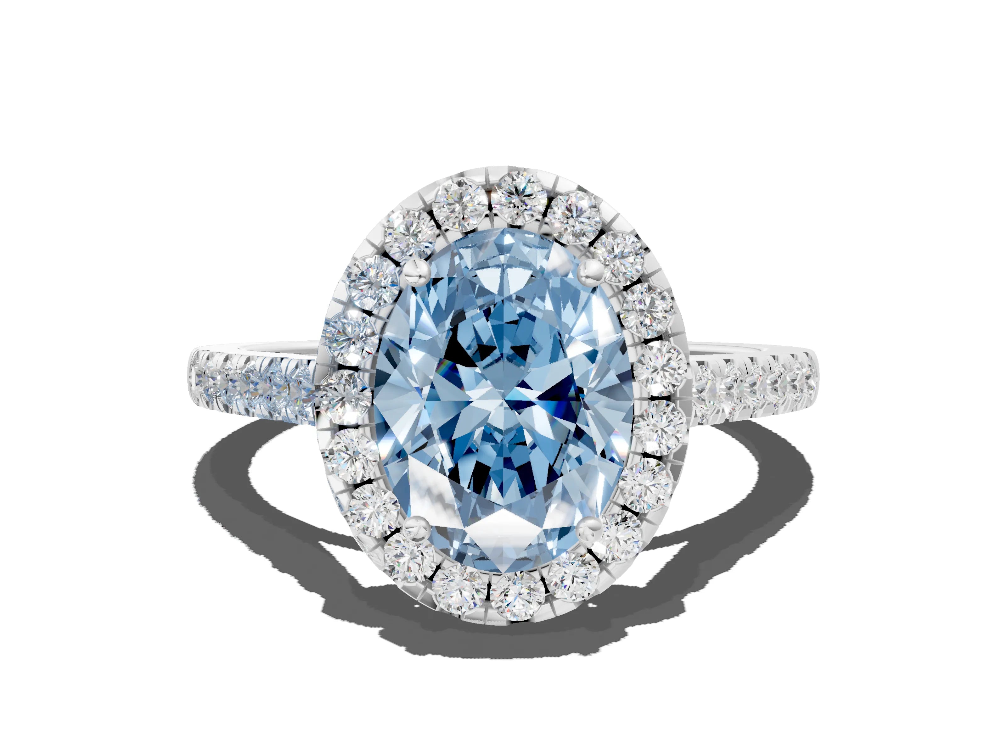 White gold Fancy Blue Oval Cut Halo Pave Diamond Engagement Ring with Four-Prong Setting