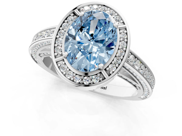 Platinum Fancy Blue Oval  Cut Halo Pave Split Shank Prong Setting Ring