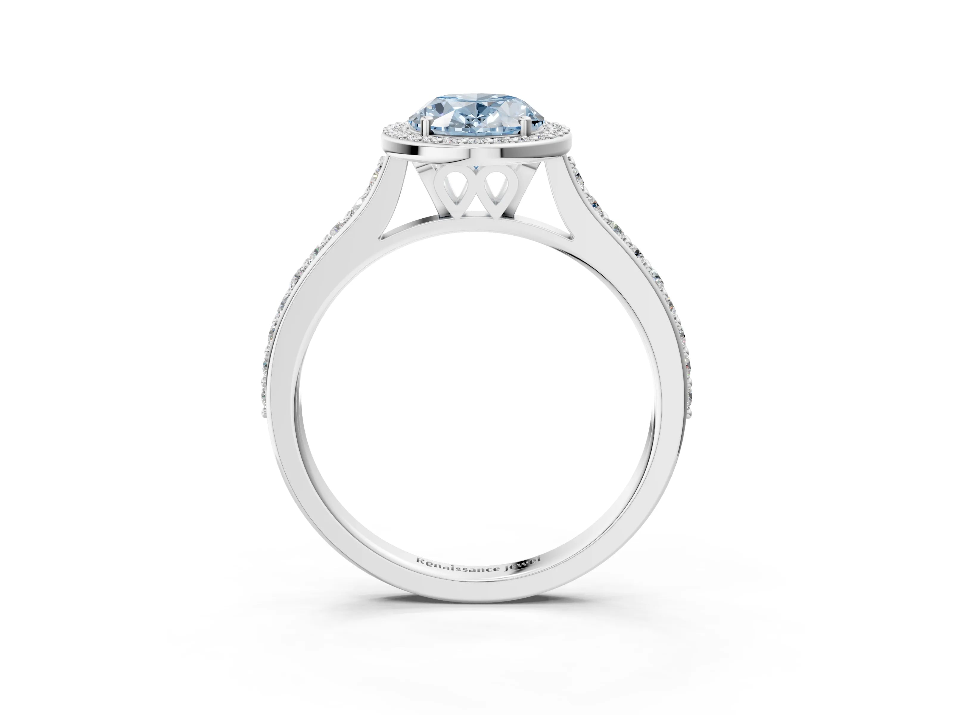 White gold Fancy Blue Oval Cut Halo Round Diamond Pavé Band with Four-Prong Setting_18