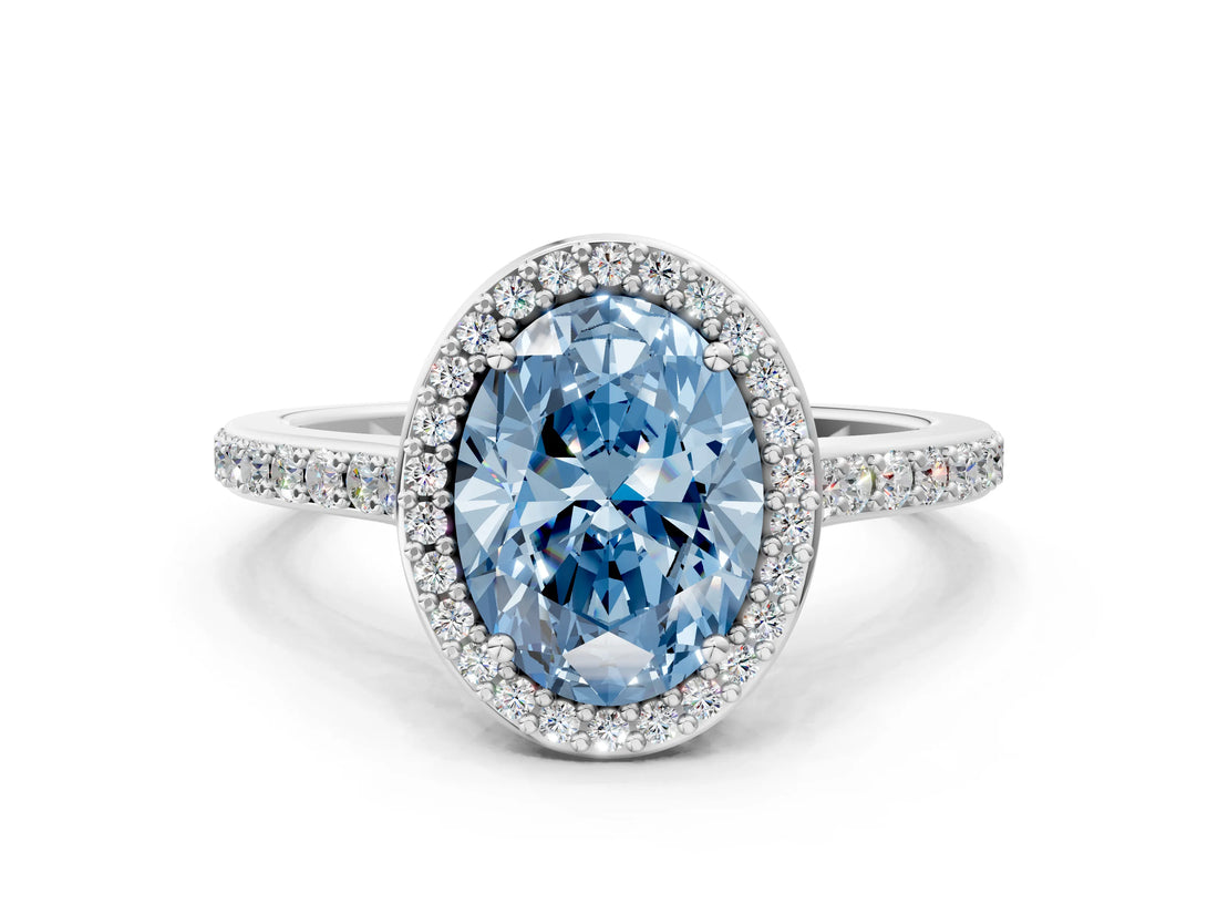White gold Fancy Blue Oval Cut Halo Round Diamond Pavé Band with Four-Prong Setting_21