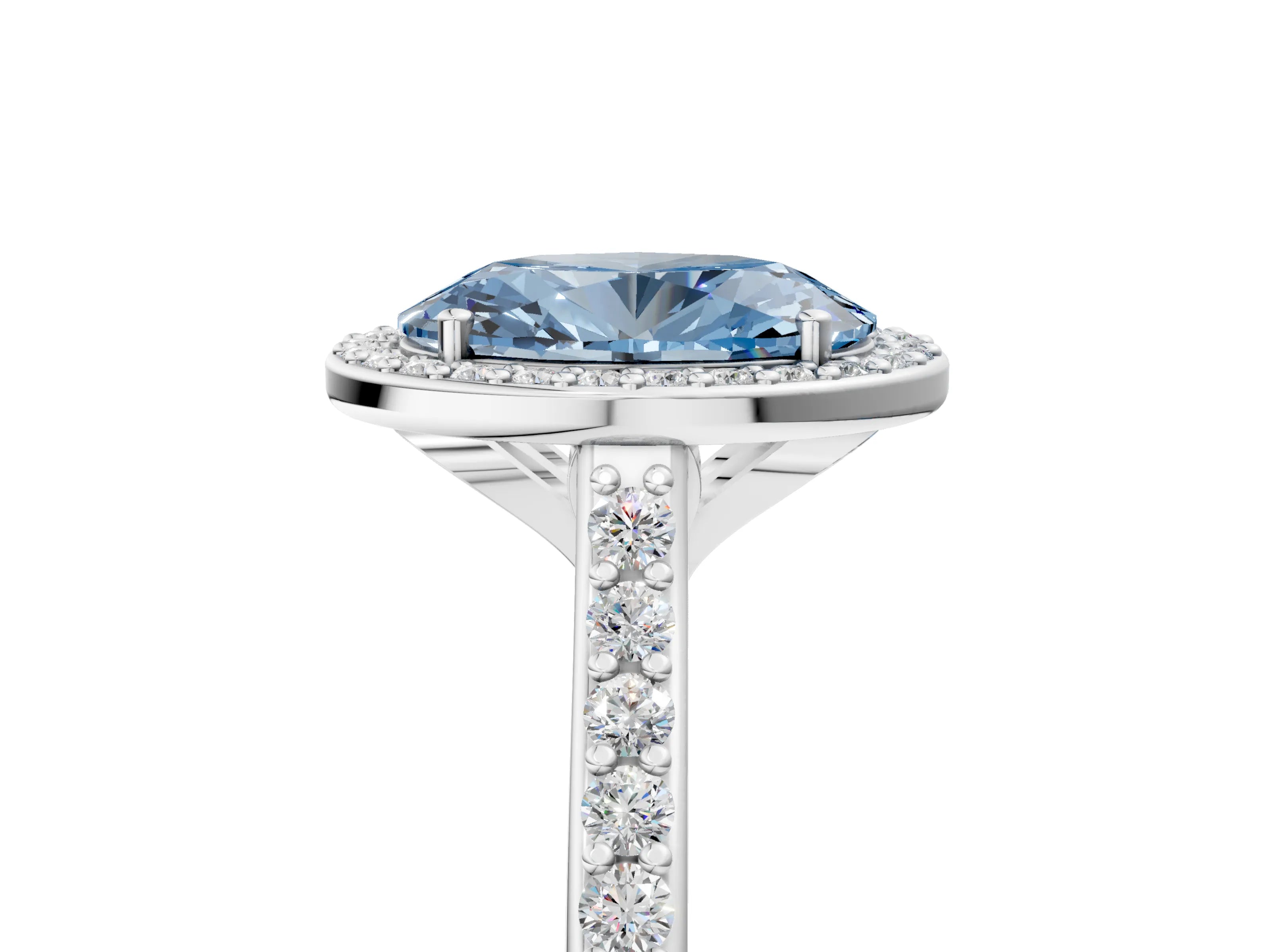 White gold Fancy Blue Oval Cut Halo Round Diamond Pavé Band with Four-Prong Setting_30