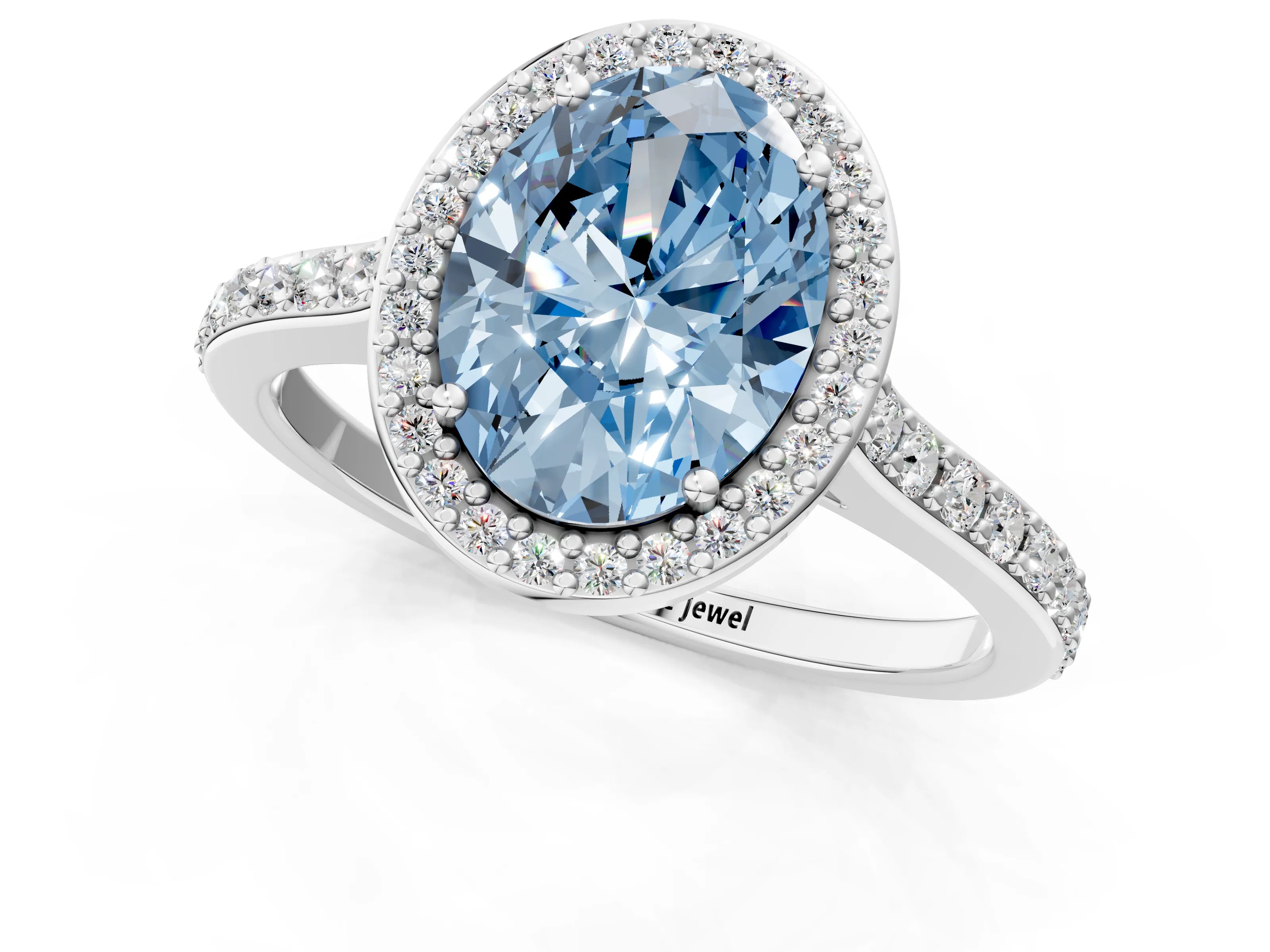 White gold Fancy Blue Oval Cut Halo Round Diamond Pavé Band with Four-Prong Setting_40