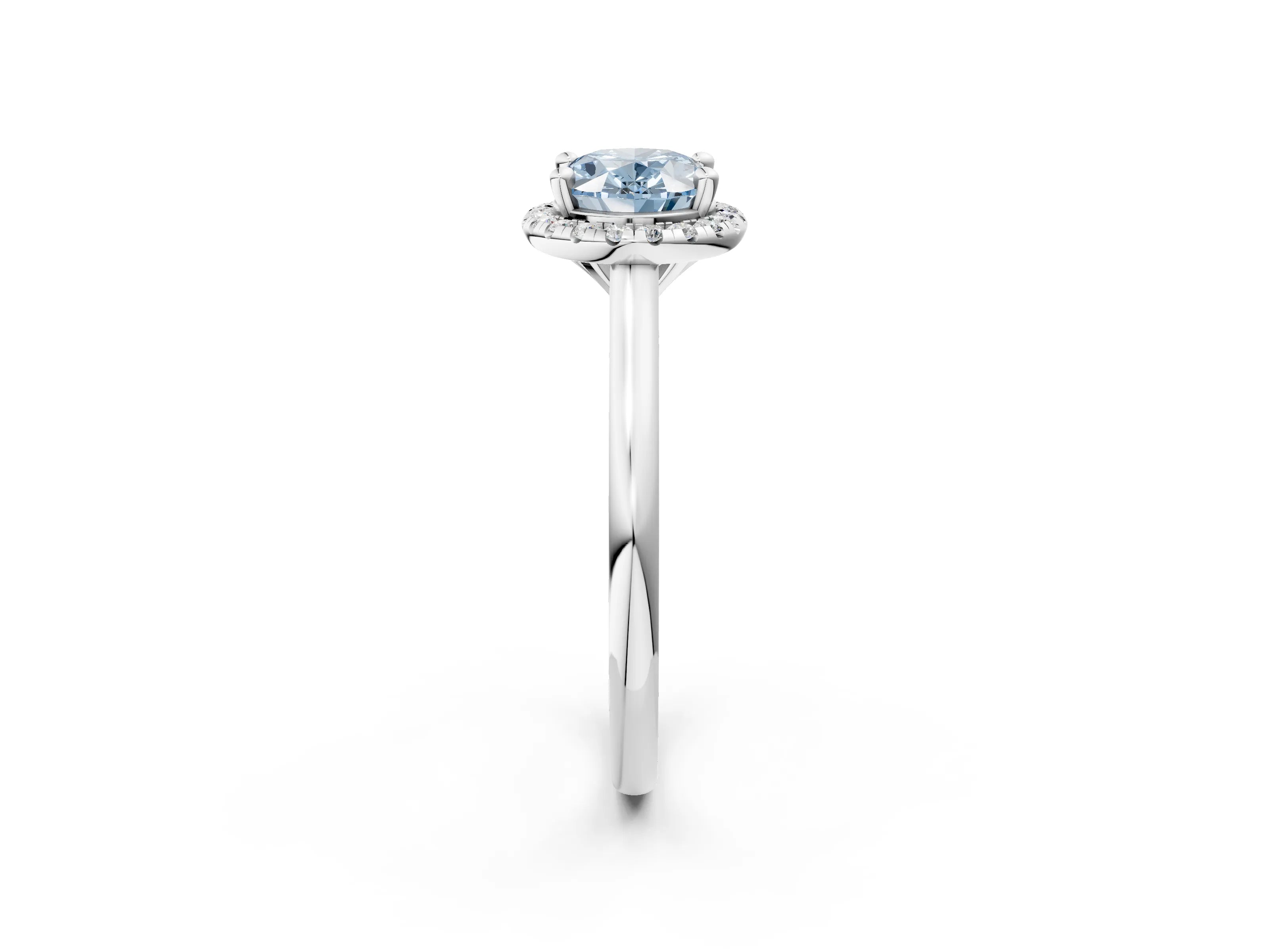 White gold Fancy Blue Oval Cut Halo Round Diamond Solitaire Engagement Ring with Pave Band and Four-Prong Setting_26