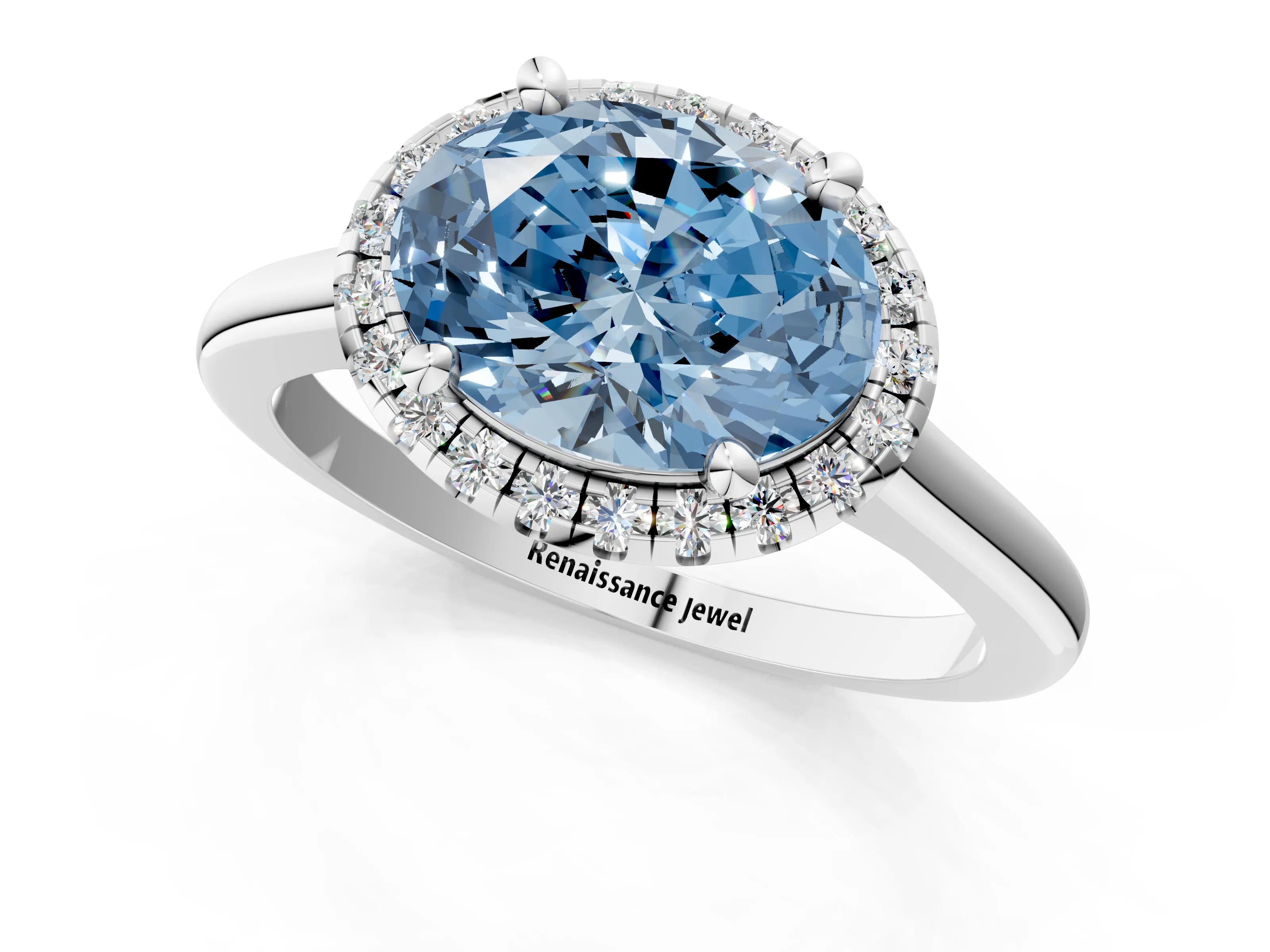 White gold Fancy Blue Oval Cut Halo Round Diamond Solitaire Engagement Ring with Pave Band and Four-Prong Setting_26