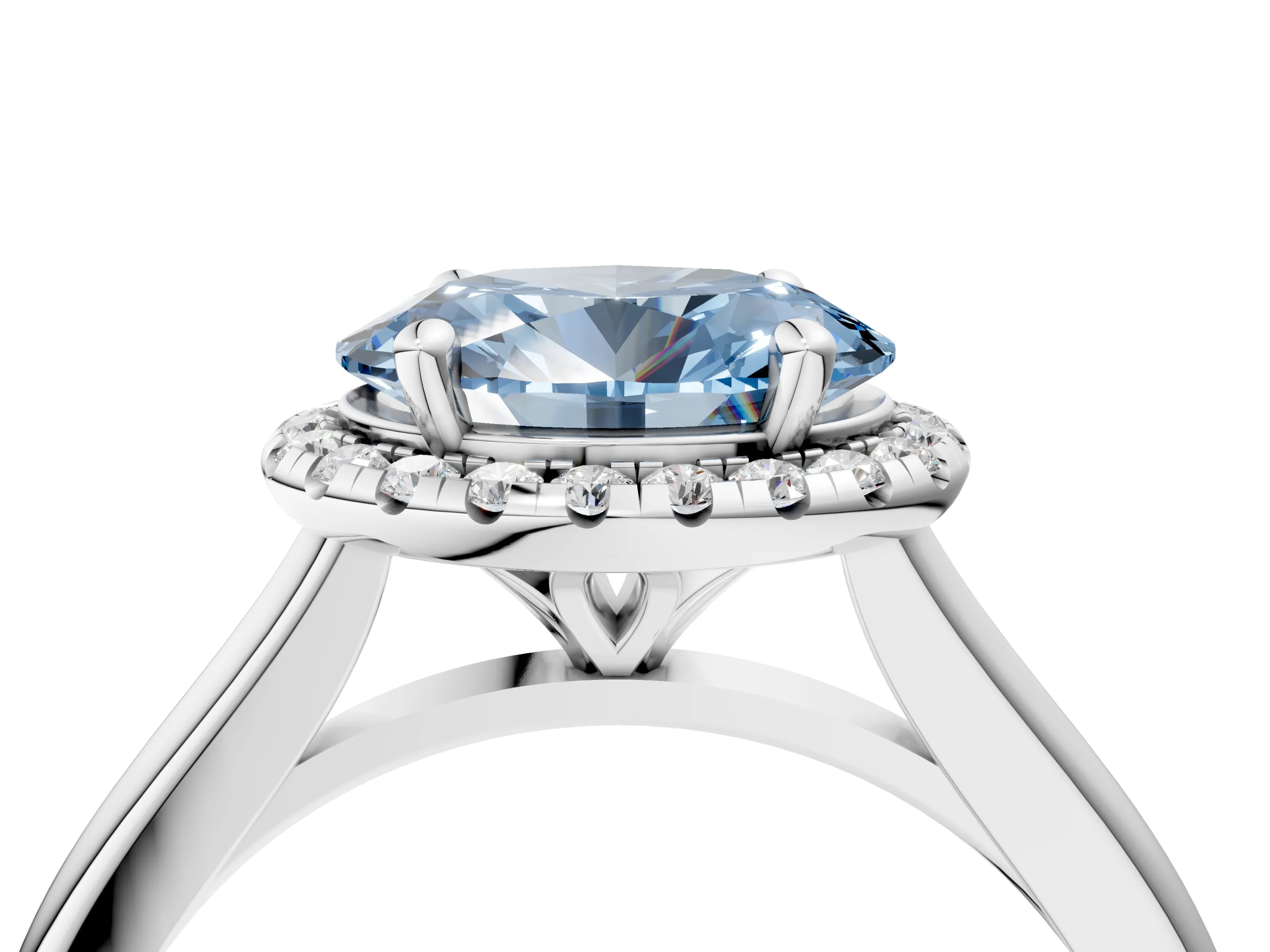 White gold Fancy Blue Oval Cut Halo Round Diamond Solitaire Engagement Ring with Pave Band and Four-Prong Setting_28