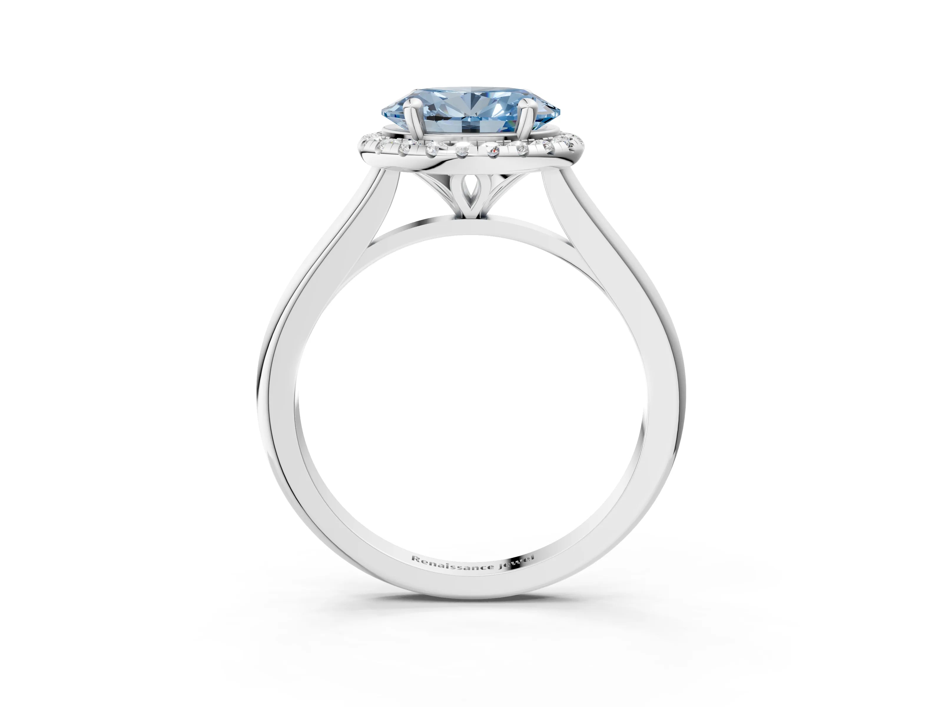 White gold Fancy Blue Oval Cut Halo Round Diamond Solitaire Engagement Ring with Pave Band and Four-Prong Setting_28