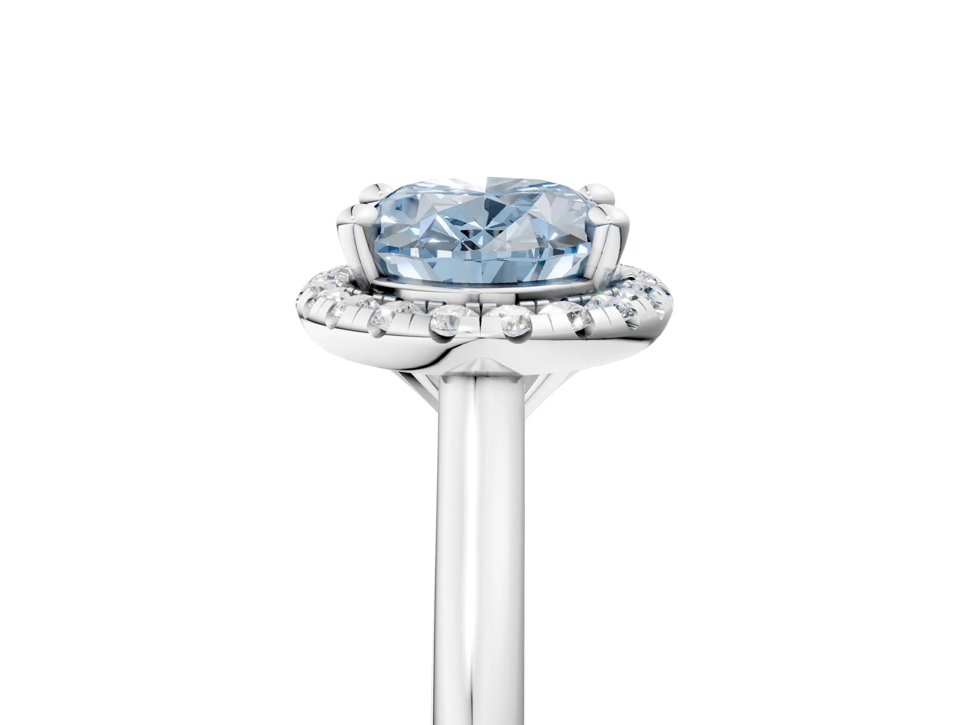 White gold Fancy Blue Oval Cut Halo Round Diamond Solitaire Engagement Ring with Pave Band and Four-Prong Setting_29