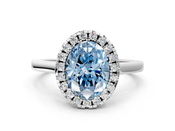 Platinum Fancy Blue Oval Cut Halo Round Diamond Solitaire Ring with Pavé Band and Four-Prong Setting