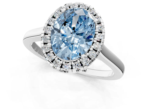 White gold Fancy Blue Oval Cut Halo Round Diamond Solitaire Ring with Pavé Band and Four-Prong Setting_1