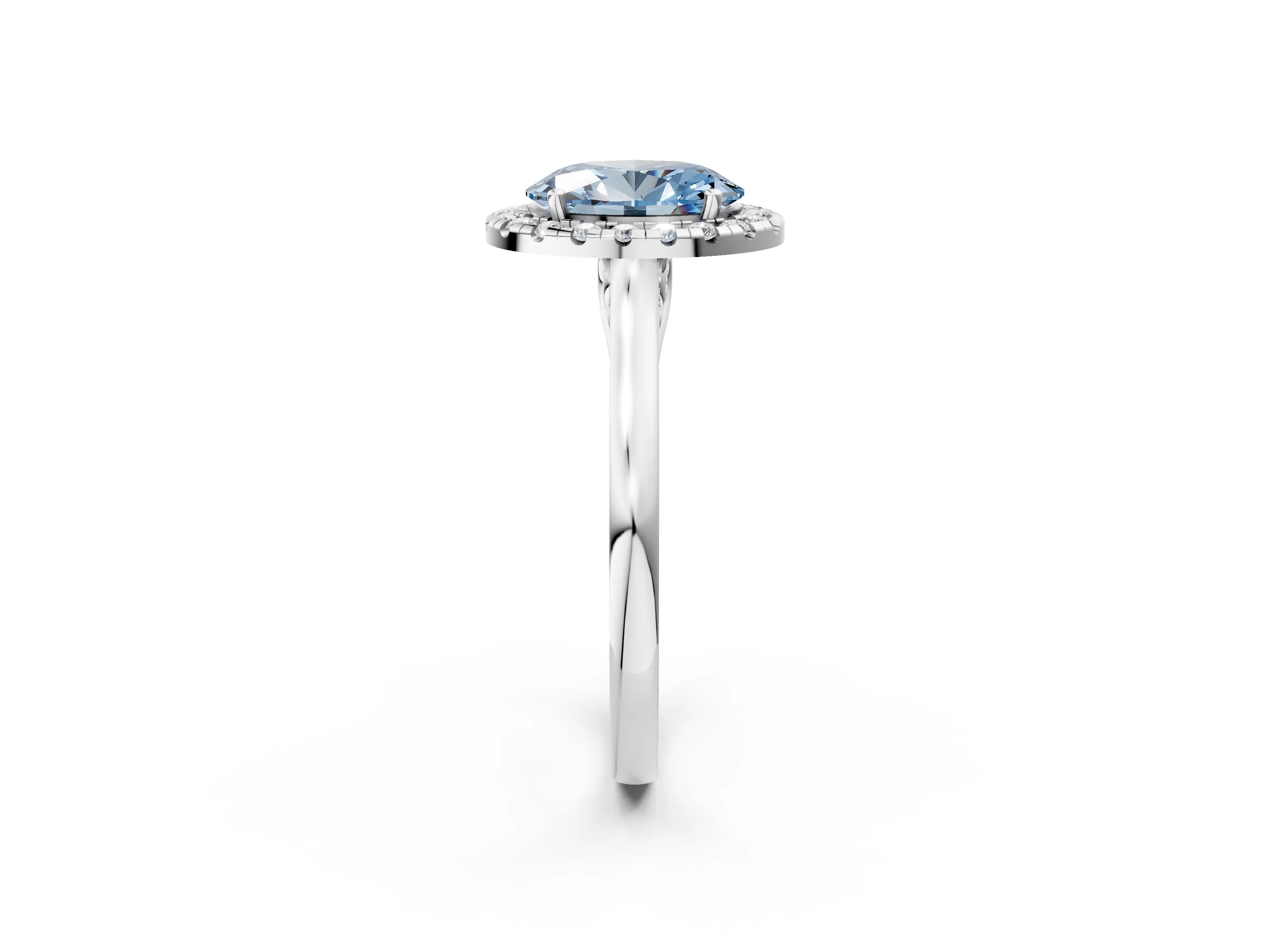 White gold Fancy Blue Oval Cut Halo Round Diamond Solitaire Ring with Pavé Band and Four-Prong Setting_2