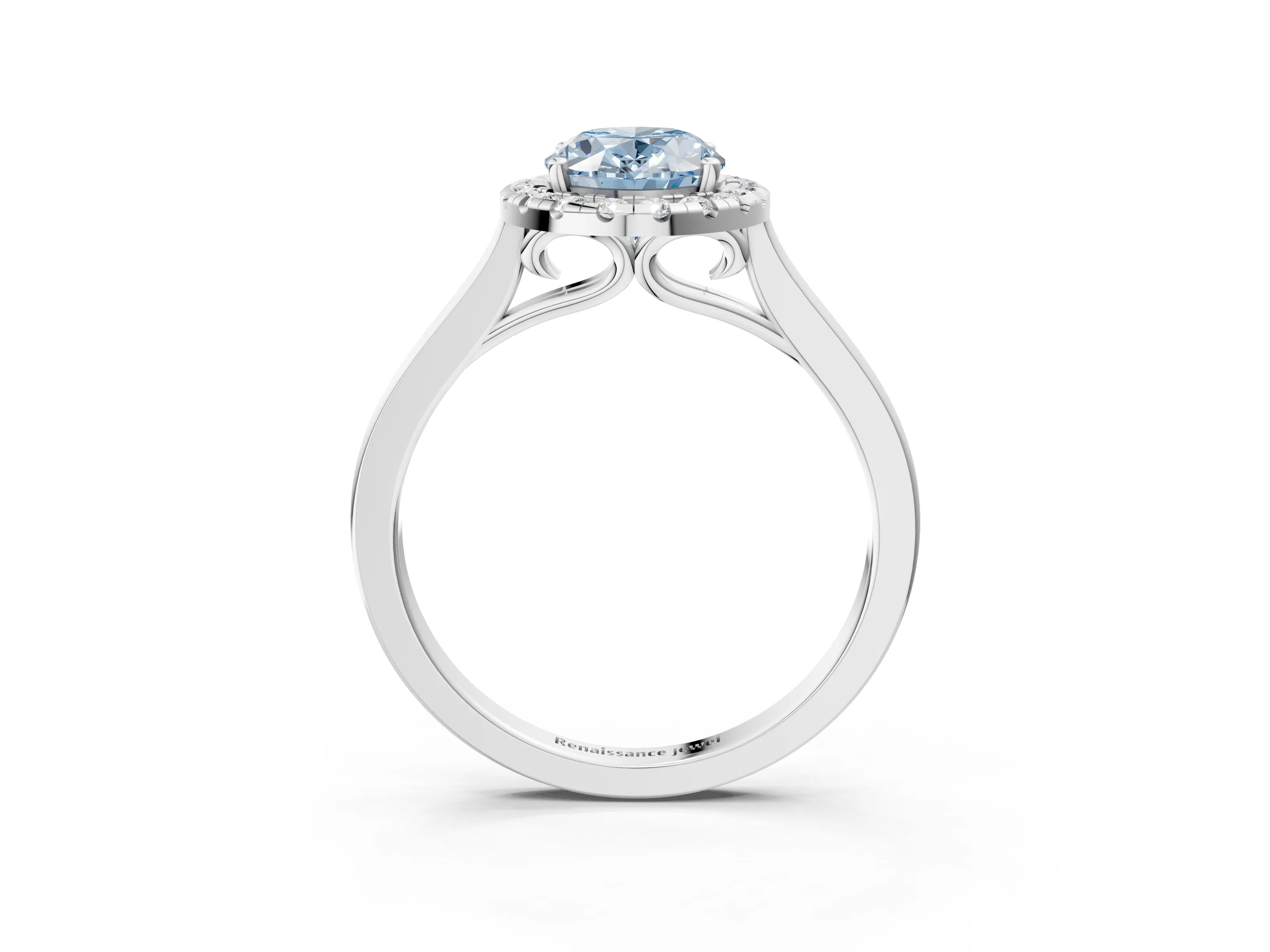 White gold Fancy Blue Oval Cut Halo Round Diamond Solitaire Ring with Pavé Band and Four-Prong Setting_3