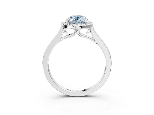 Platinum Fancy Blue Oval Cut Halo Round Diamond Solitaire Ring with Pavé Band and Four-Prong Setting