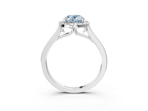 White gold Fancy Blue Oval Cut Halo Round Diamond Solitaire Ring with Pavé Band and Four-Prong Setting_3