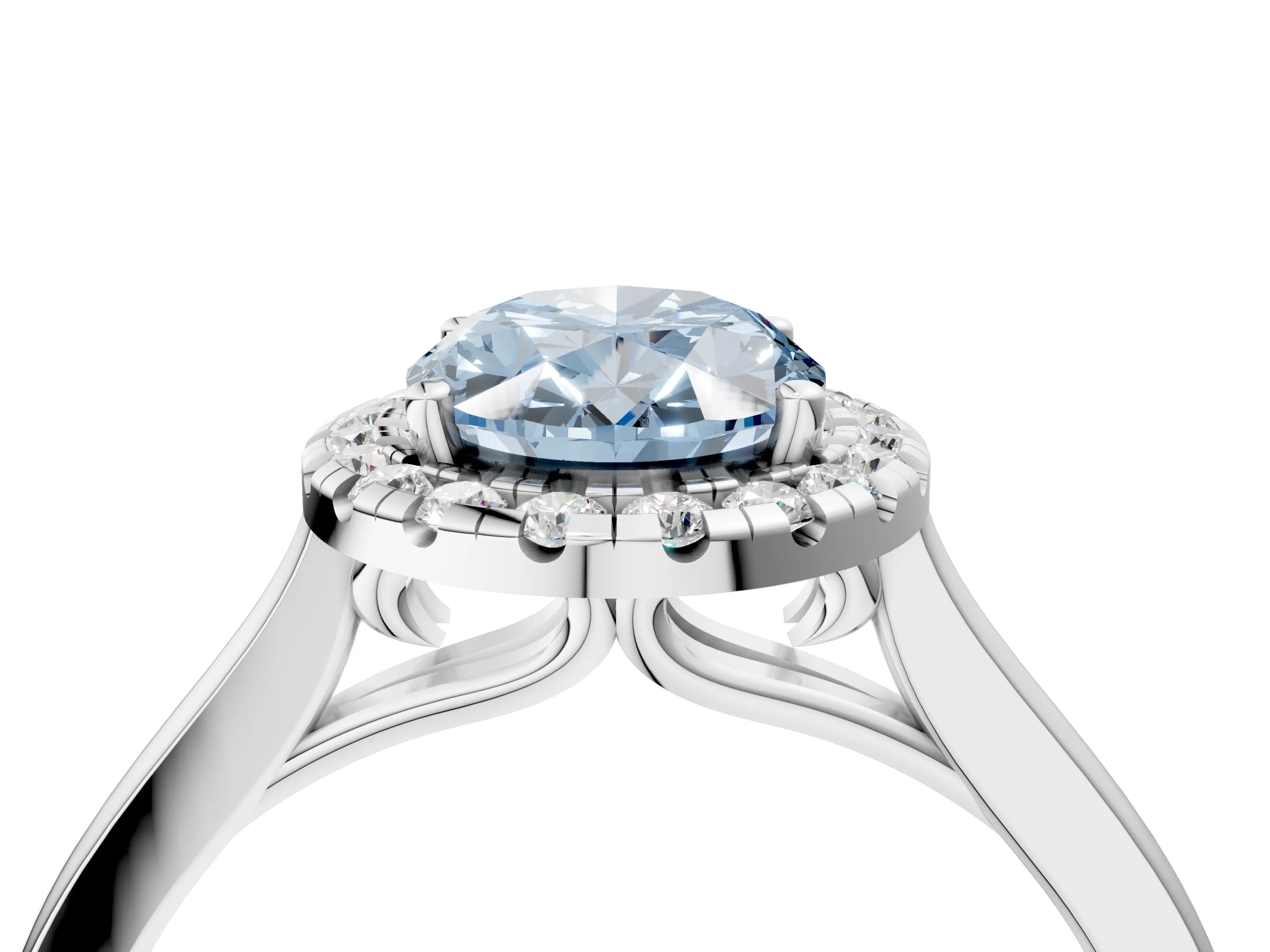 White gold Fancy Blue Oval Cut Halo Round Diamond Solitaire Ring with Pavé Band and Four-Prong Setting_4