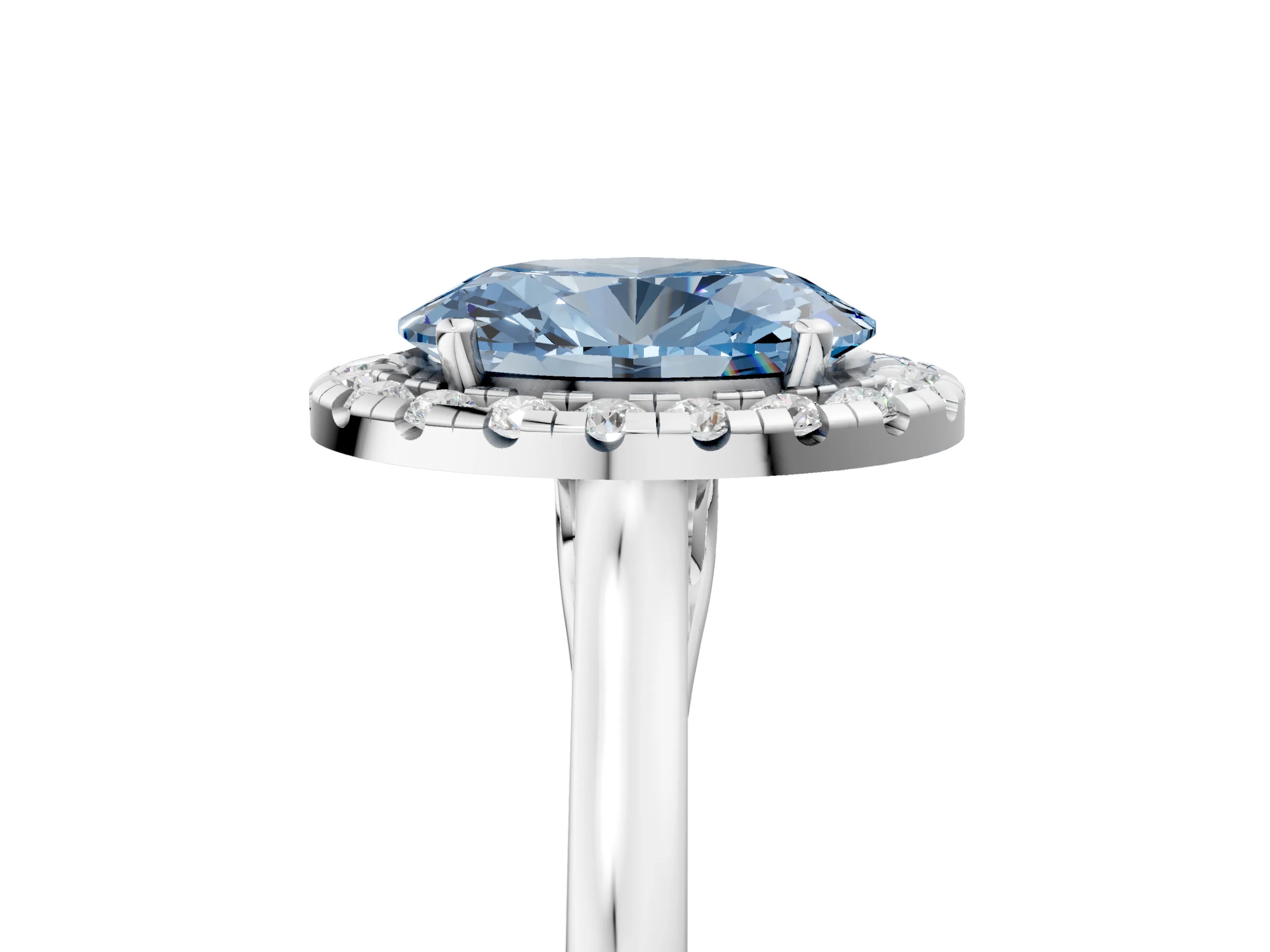 White gold Fancy Blue Oval Cut Halo Round Diamond Solitaire Ring with Pavé Band and Four-Prong Setting_5