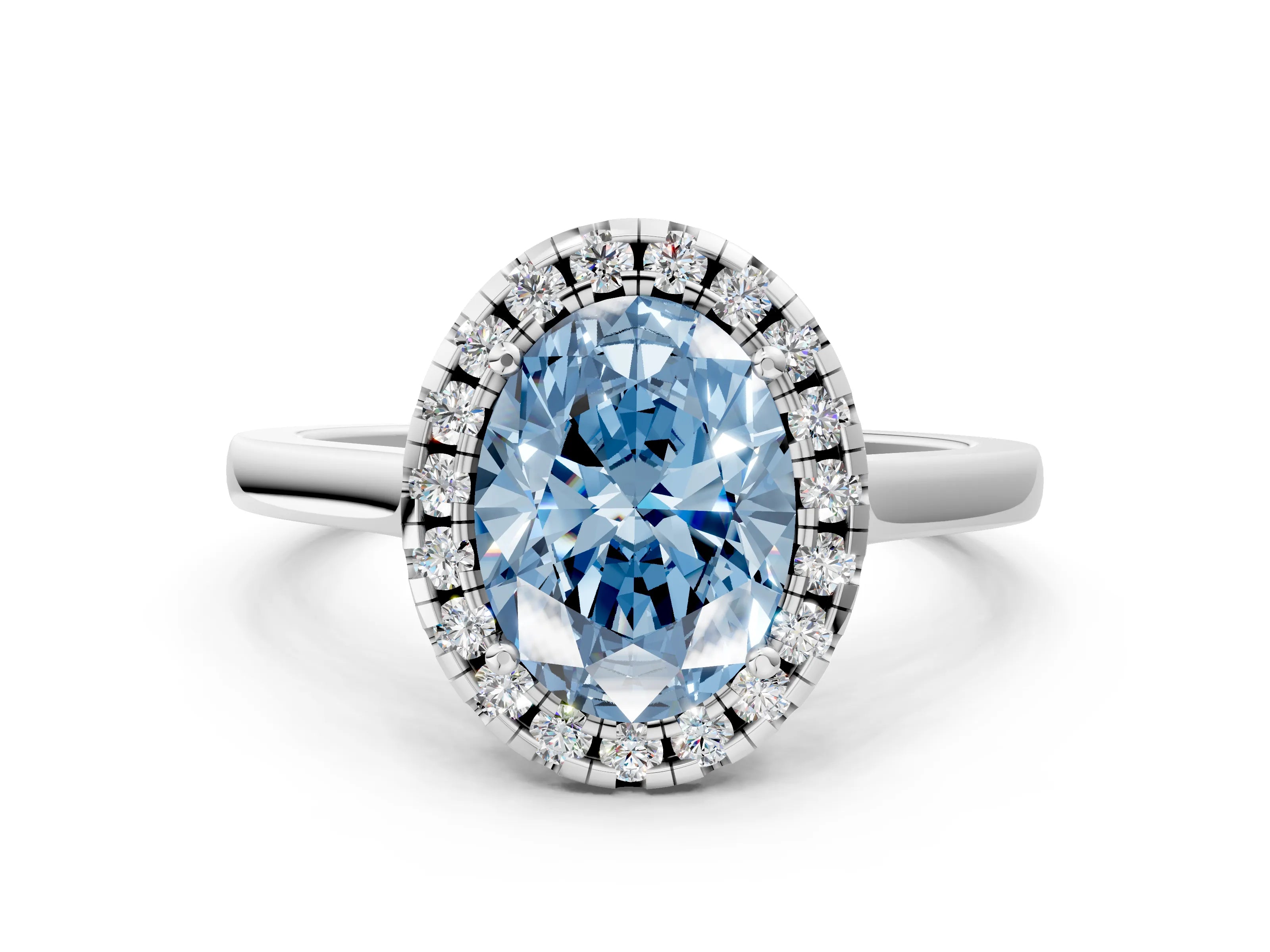 White gold Fancy Blue Oval Cut Halo Round Diamond Solitaire Ring with Pavé Band and Four-Prong Setting