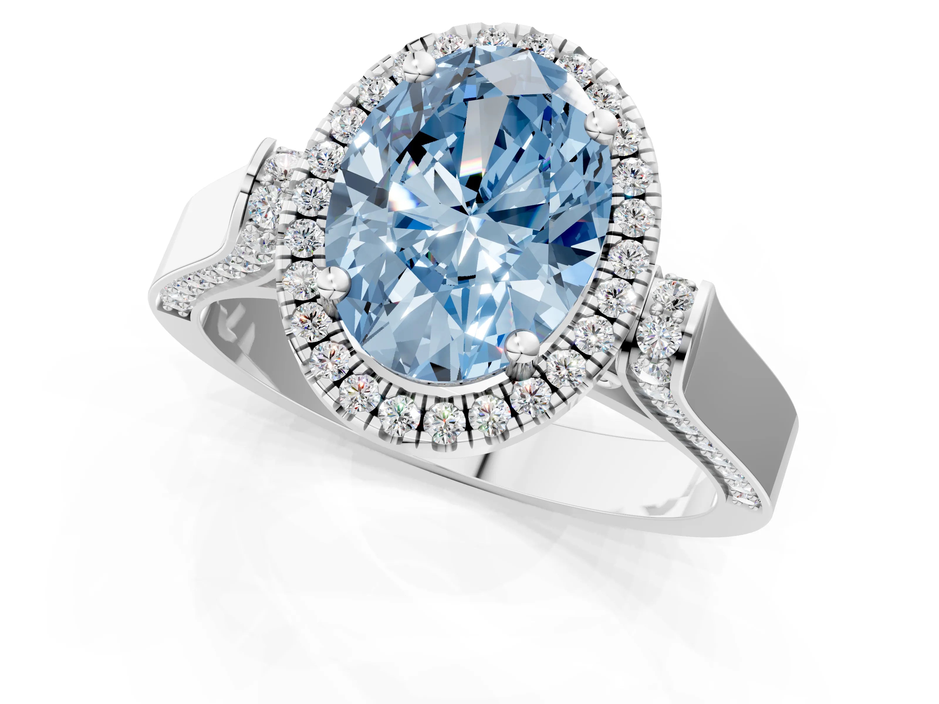 White gold Fancy Blue Oval Cut Halo Round Diamond Twist Band with Four-Prong Setting_1