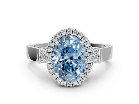 White gold Fancy Blue Oval Cut Halo Round Diamond Twist Band with Four-Prong Setting_24