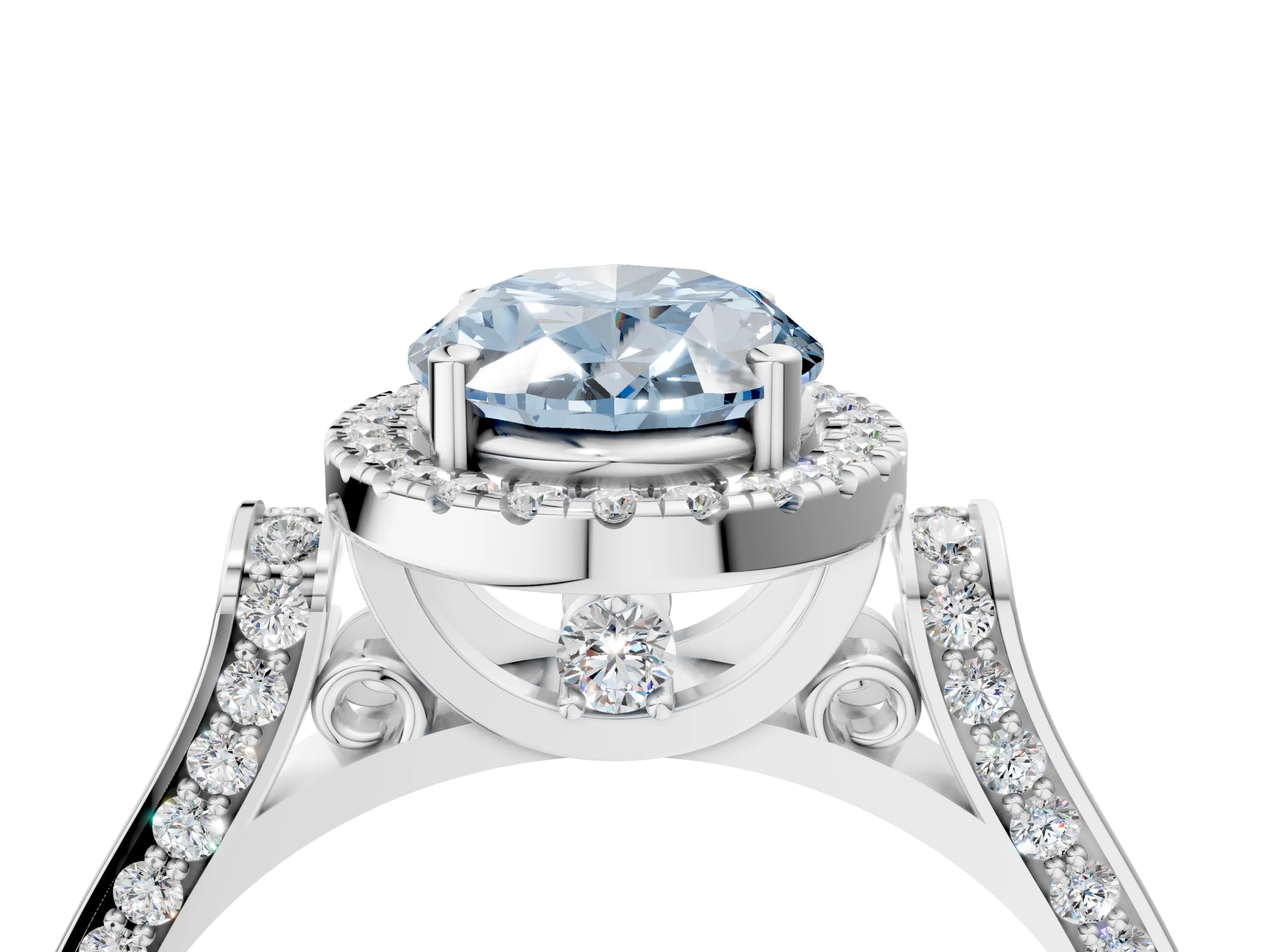 White gold Fancy Blue Oval Cut Halo Round Diamond Twist Band with Four-Prong Setting_28