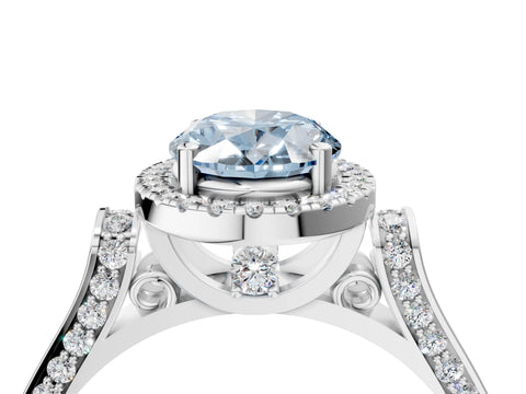 White gold Fancy Blue Oval Cut Halo Round Diamond Twist Band with Four-Prong Setting_28