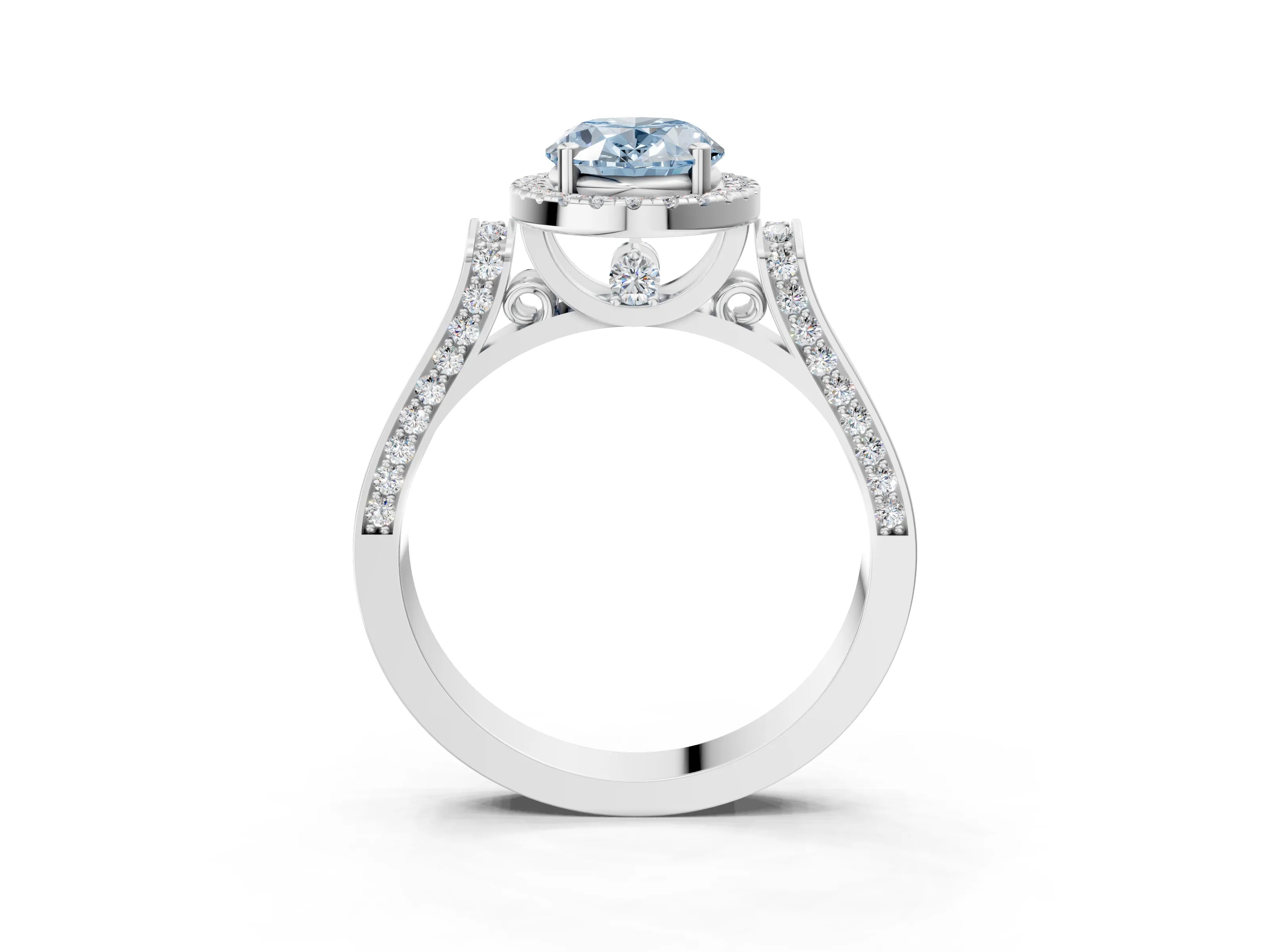 White gold Fancy Blue Oval Cut Halo Round Diamond Twist Band with Four-Prong Setting_3