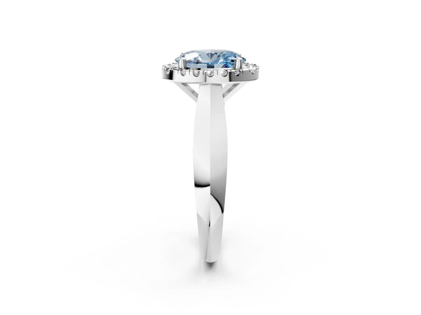 Platinum Fancy Blue Oval  Cut Halo Solitaire Engagement Ring with Square Band and Four-Prong Setting