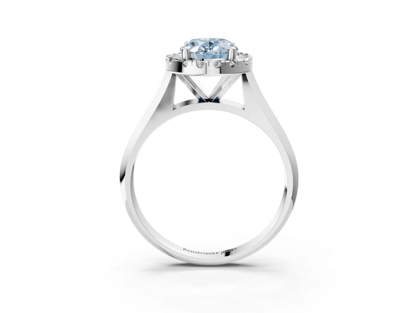 Platinum Fancy Blue Oval  Cut Halo Solitaire Engagement Ring with Square Band and Four-Prong Setting