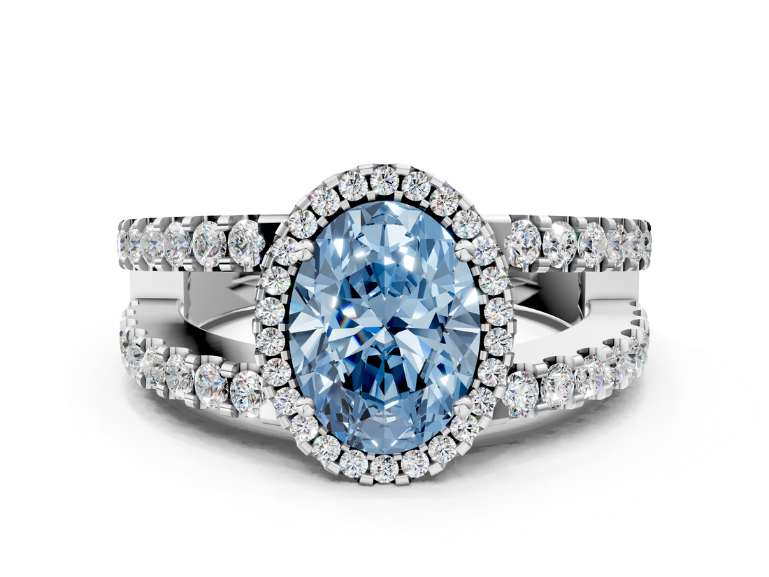 White gold Fancy Blue Oval  Cut Halo Split Shank Diamond Ring with Four-Prong Setting_62