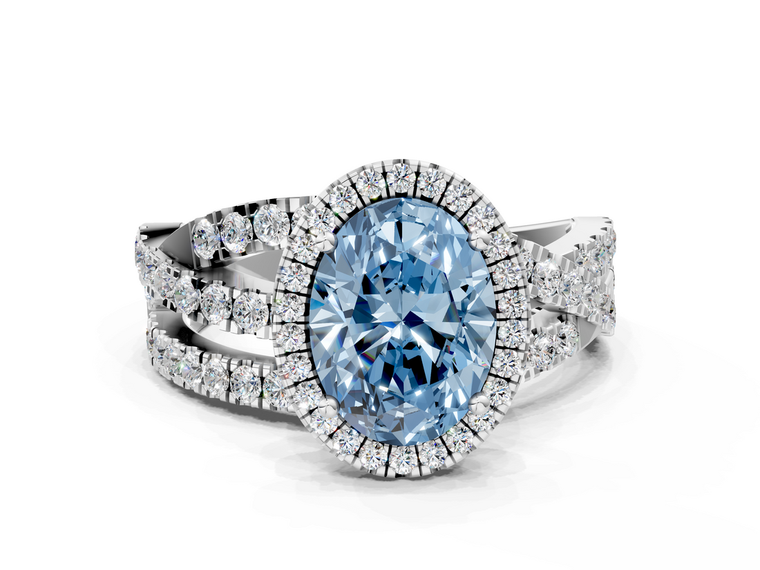 White gold Fancy Blue Oval  Cut Halo Split Shank Prong Setting Ring_61