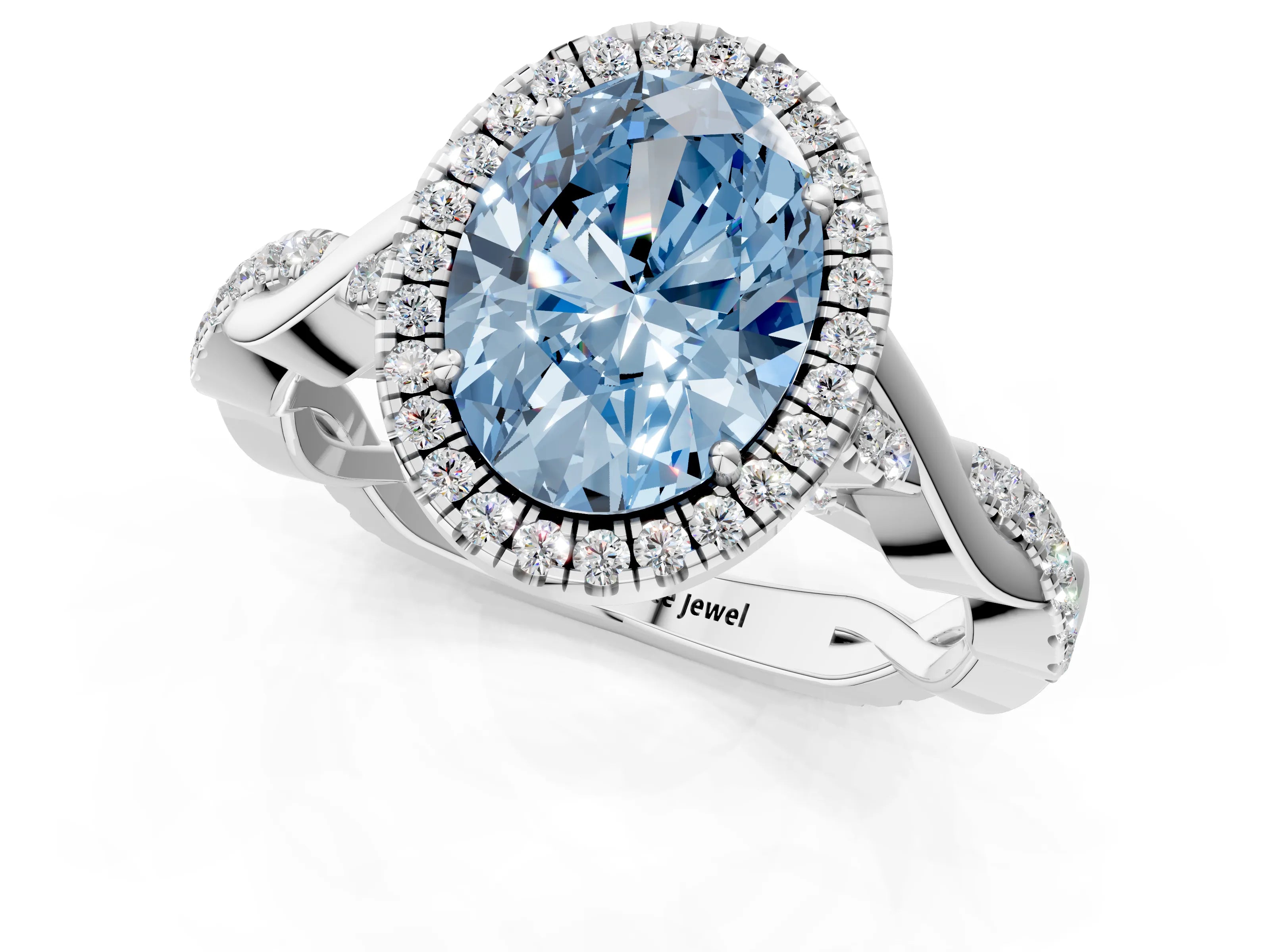 White gold Fancy Blue Oval Cut Halo Twist Band with Four-Prong Setting_1