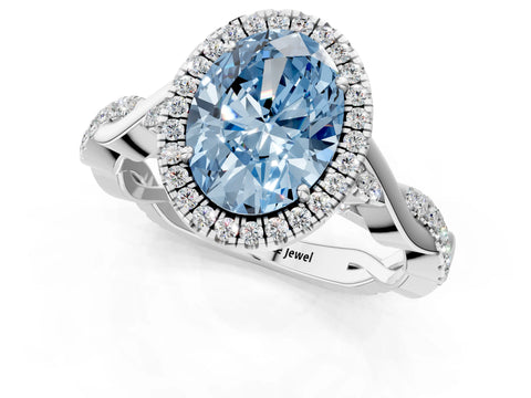 White gold Fancy Blue Oval Cut Halo Twist Band with Four-Prong Setting_1