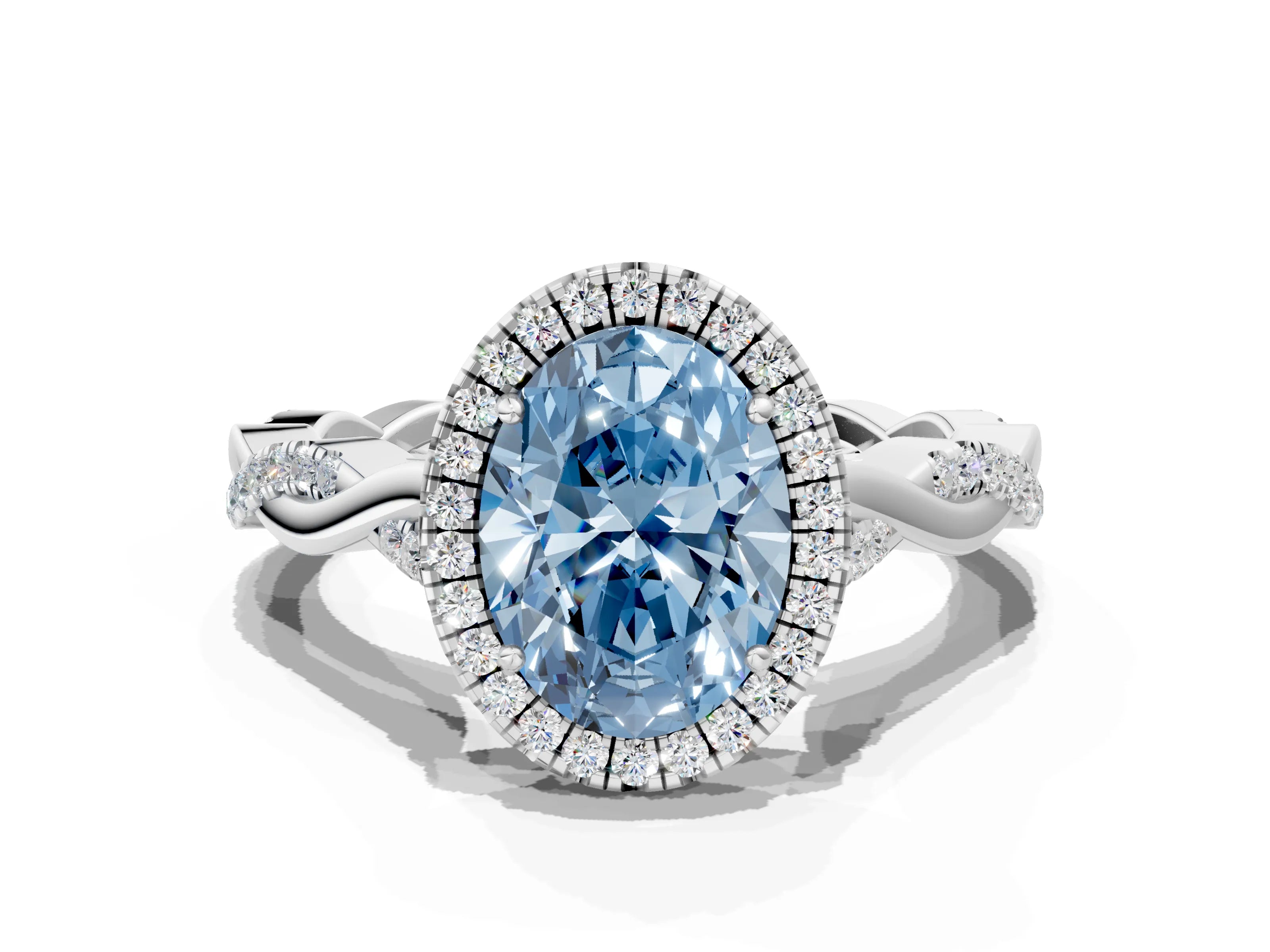 White gold Fancy Blue Oval Cut Halo Twist Band with Four-Prong Setting_72