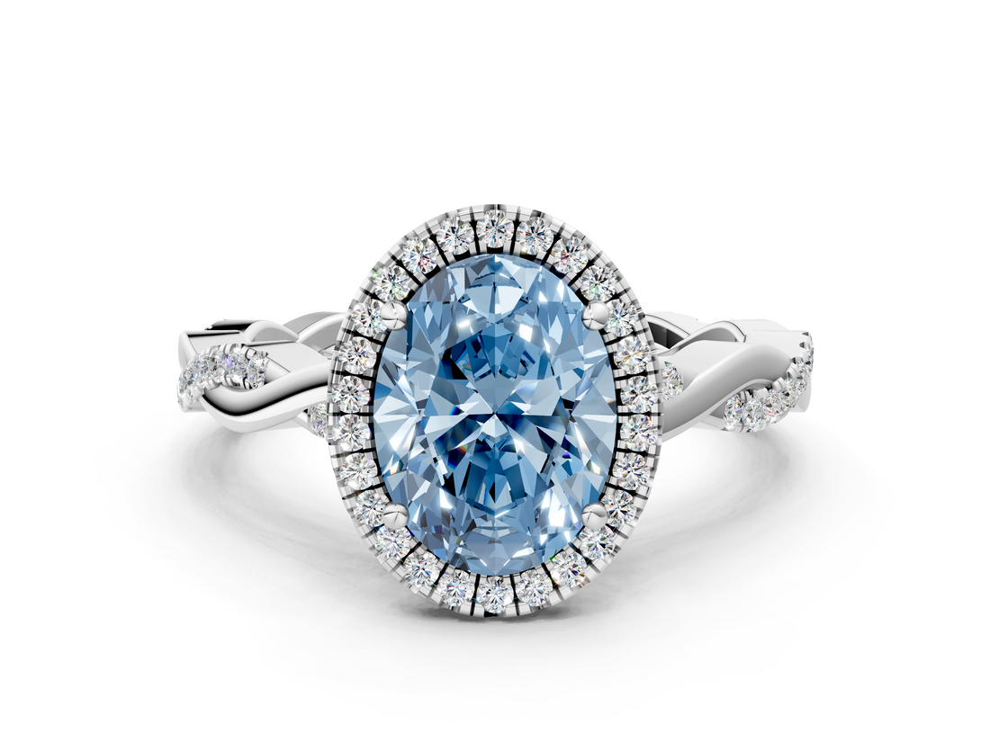 White gold Fancy Blue Oval  Cut Halo Twisted Band Four-Prong Ring_20