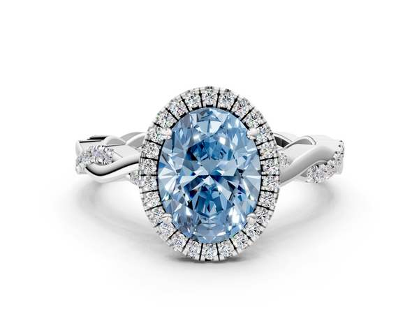 White gold Fancy Blue Oval  Cut Halo Twisted Band Four-Prong Ring