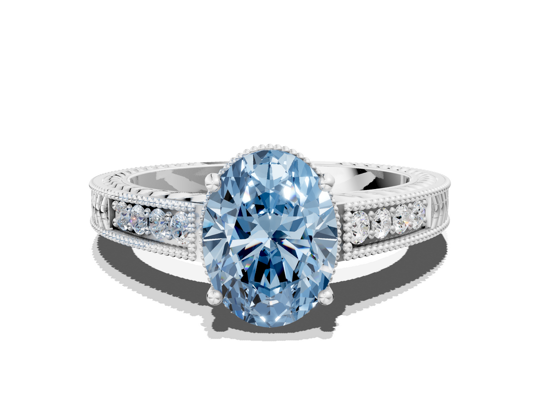 White gold Fancy Blue Oval  Cut Milgrain Channel Set Engagement Ring with Solitaire Prong Setting_79
