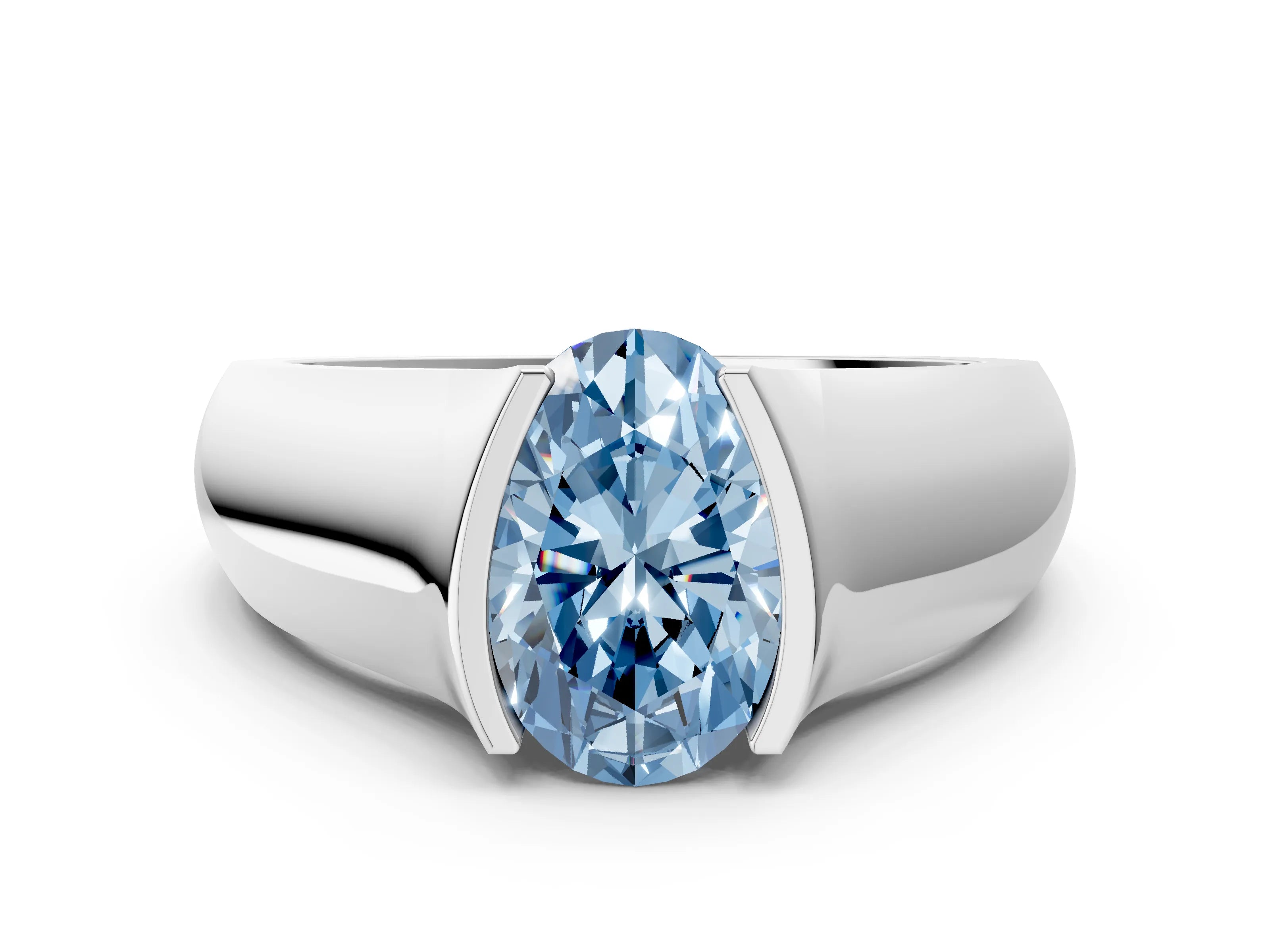 White gold Fancy Blue Oval Cut Solitaire Bezel Set Diamond Ring with Wide Band_12