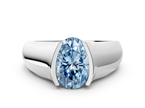 White gold Fancy Blue Oval Cut Solitaire Bezel Set Diamond Ring with Wide Band_12