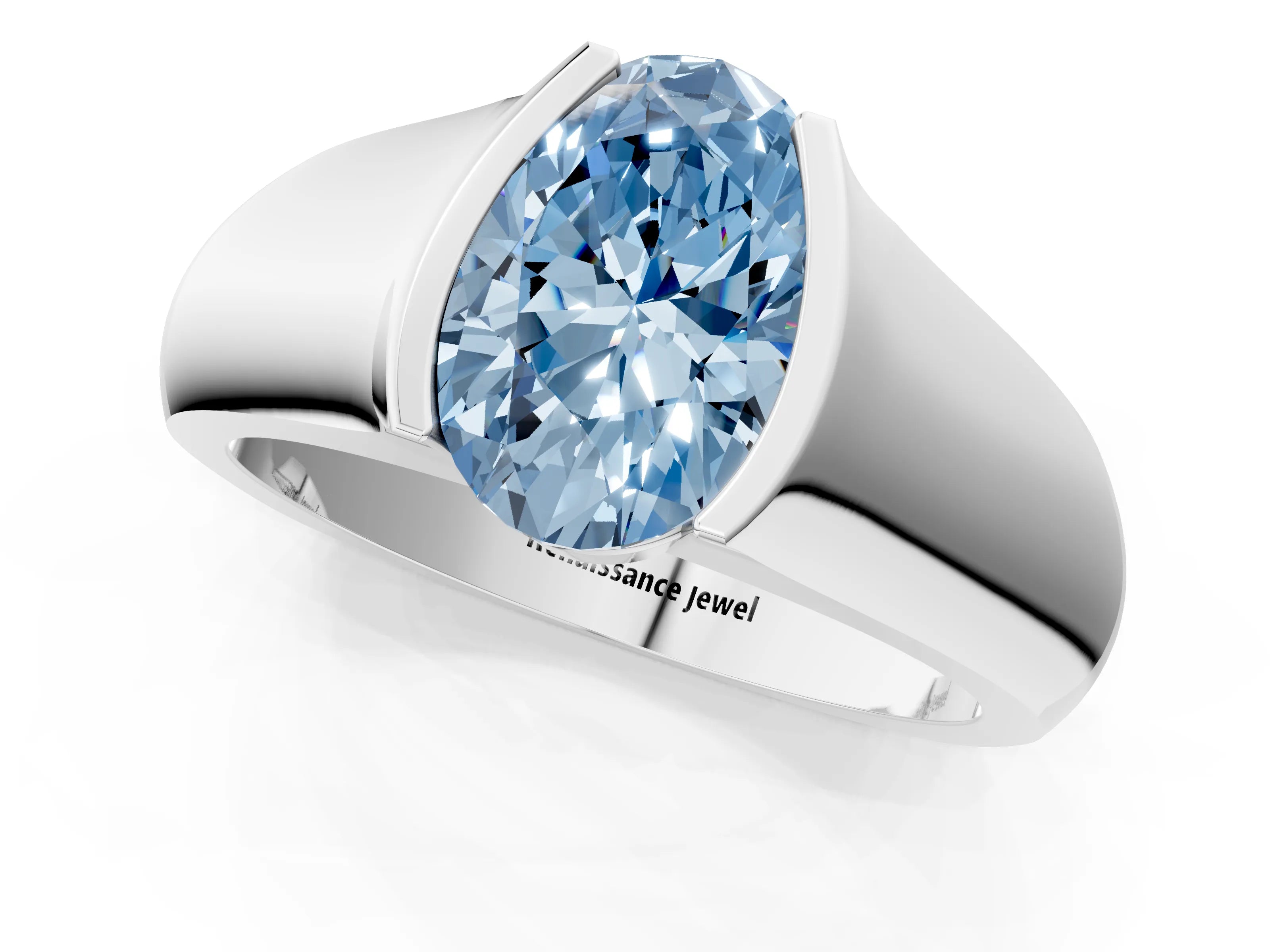 White gold Fancy Blue Oval Cut Solitaire Bezel Set Diamond Ring with Wide Band_13