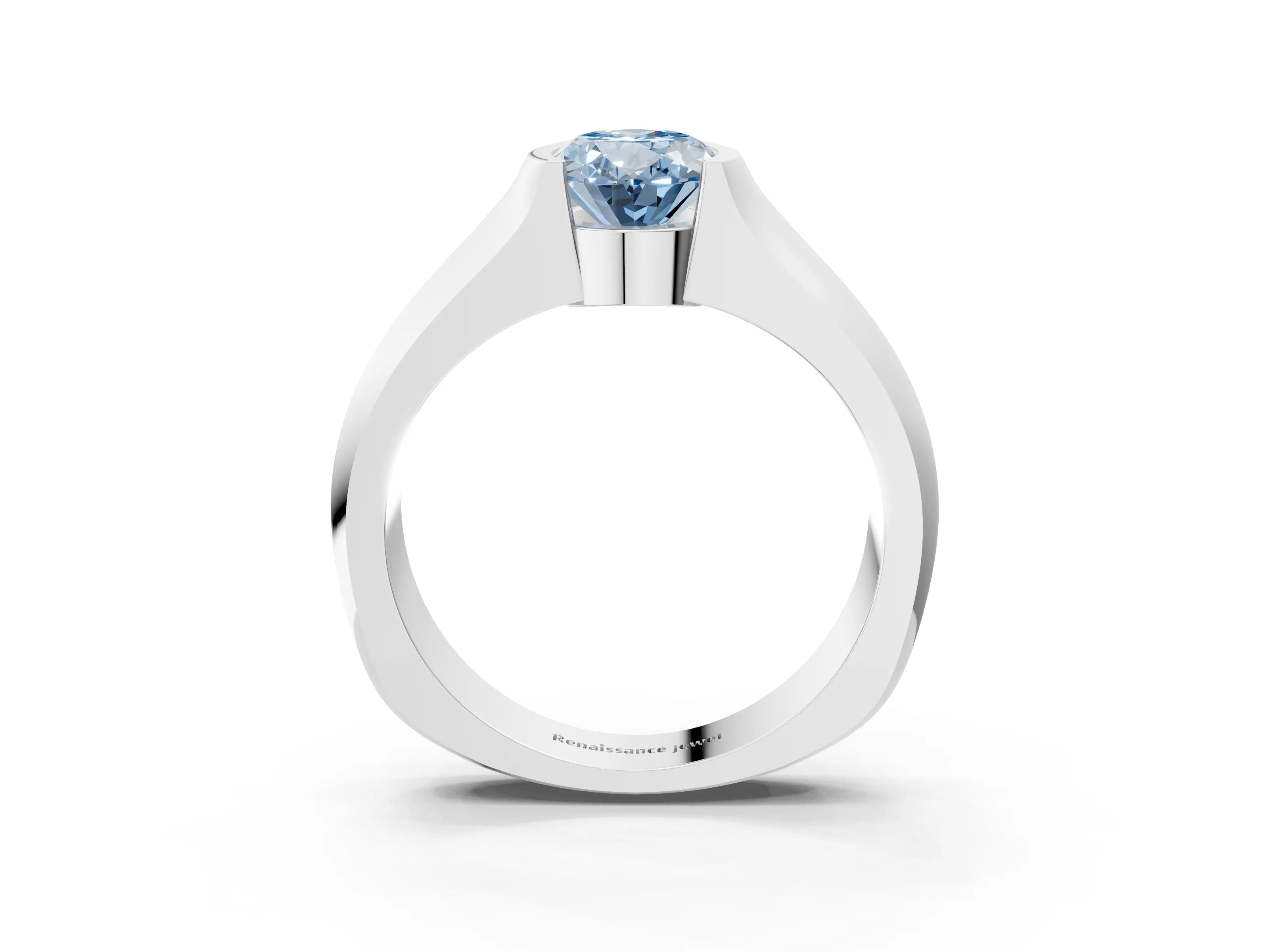 White gold Fancy Blue Oval Cut Solitaire Bezel Set Diamond Ring with Wide Band_15