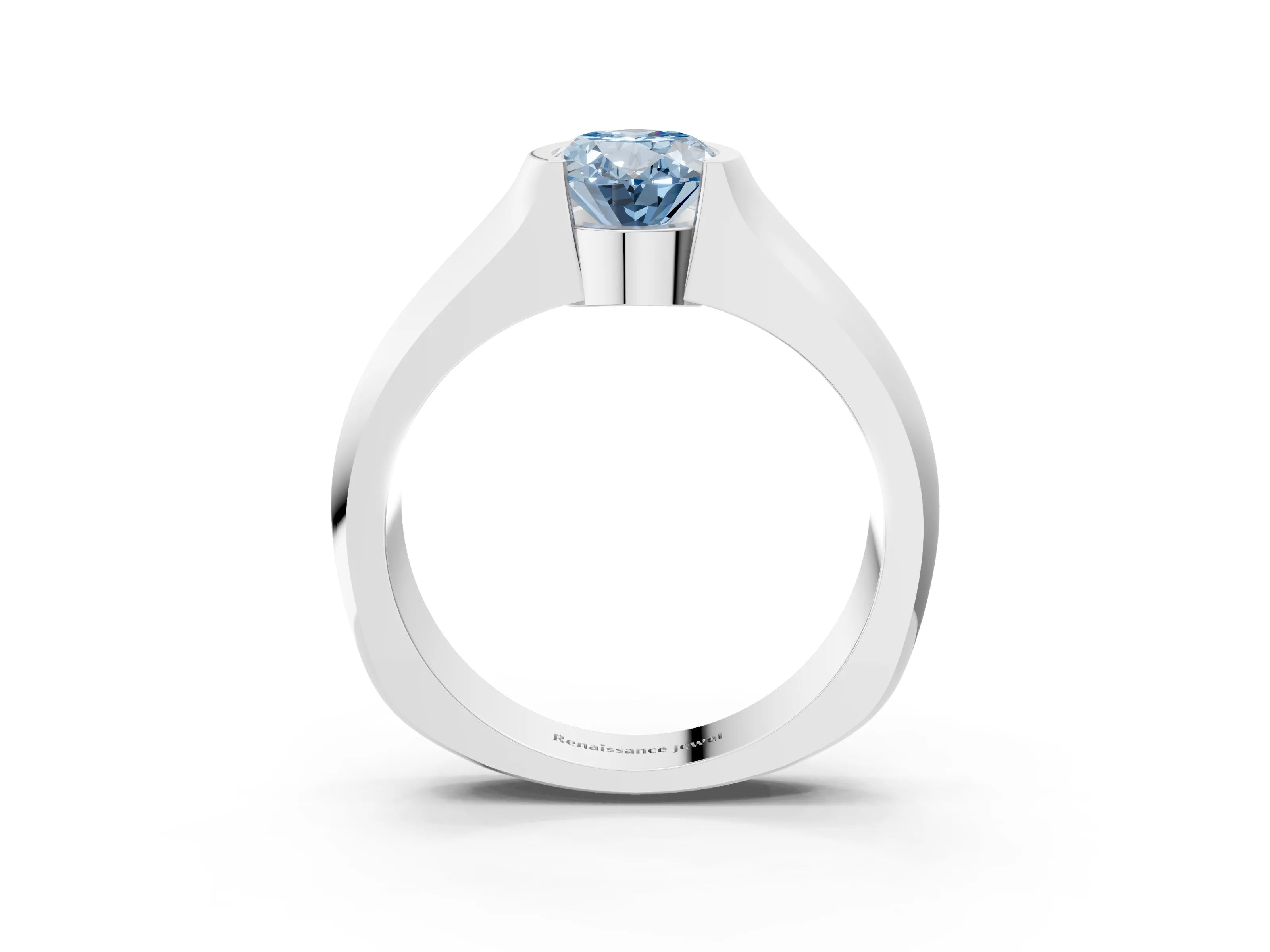 White gold Fancy Blue Oval Cut Solitaire Bezel Set Diamond Ring with Wide Band_3