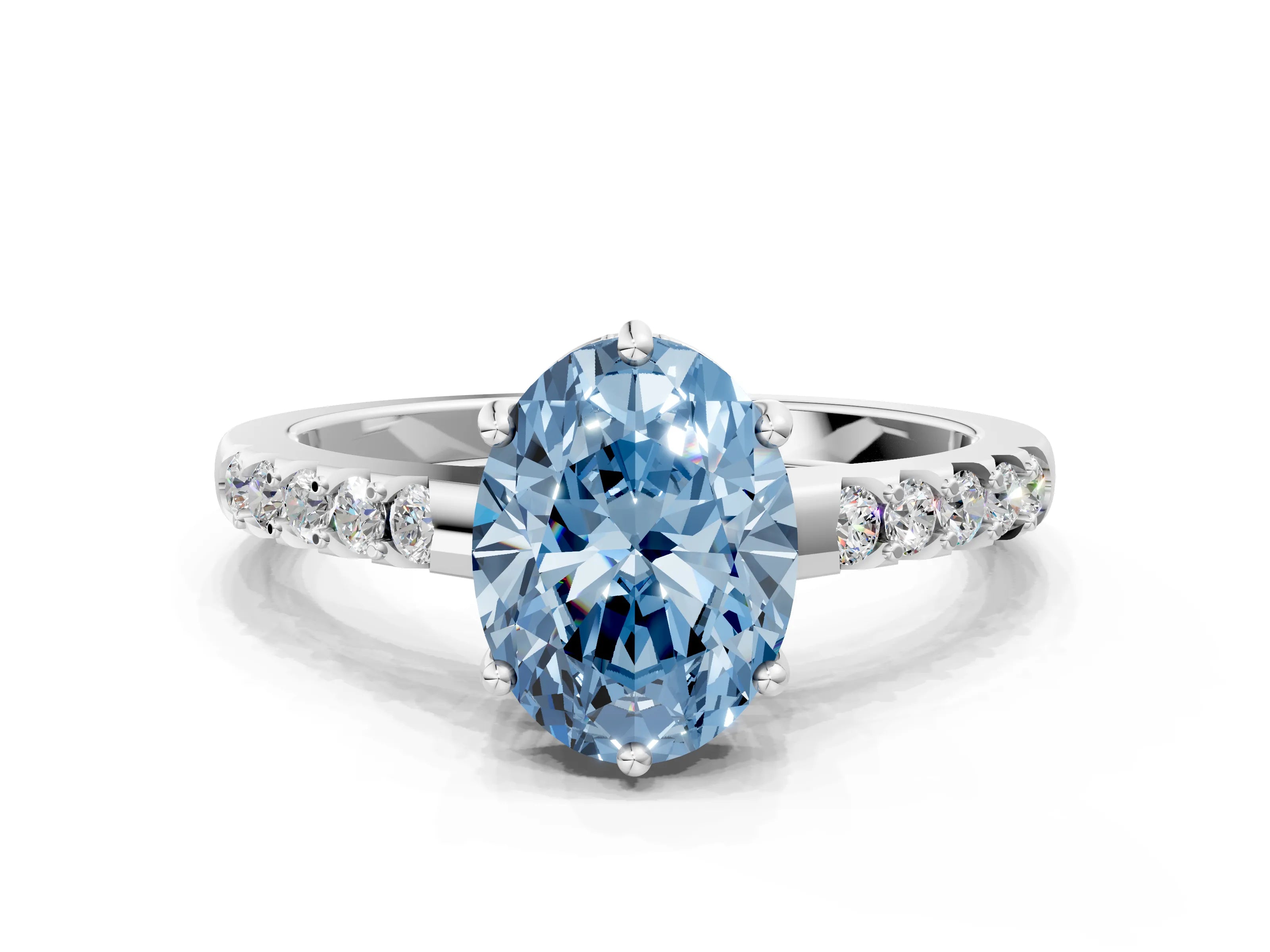 White gold Fancy Blue Oval Cut Solitaire Diamond Engagement Ring with Pavé Band and Six-Prong Setting_12