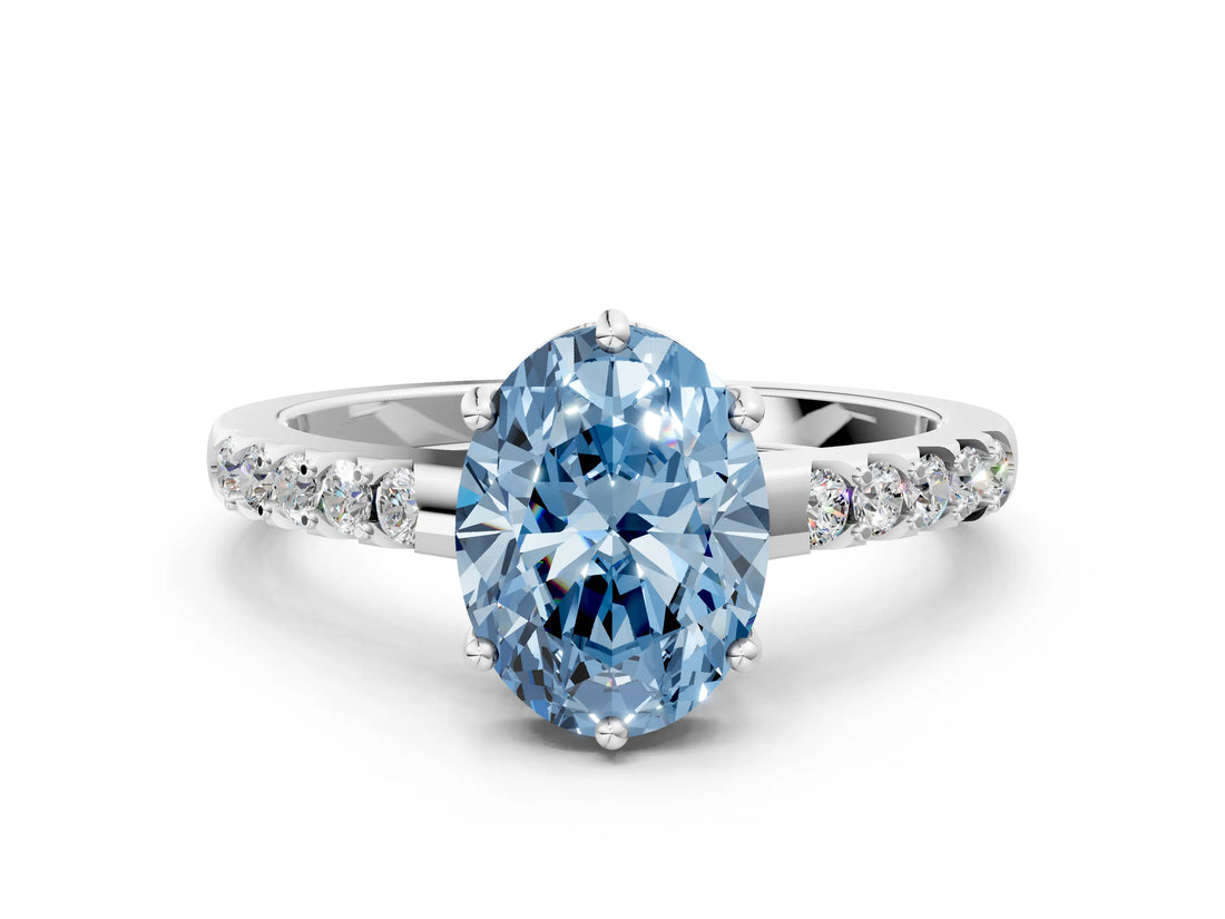White gold Fancy Blue Oval Cut Solitaire Diamond Engagement Ring with Pavé Band and Six-Prong Setting_12