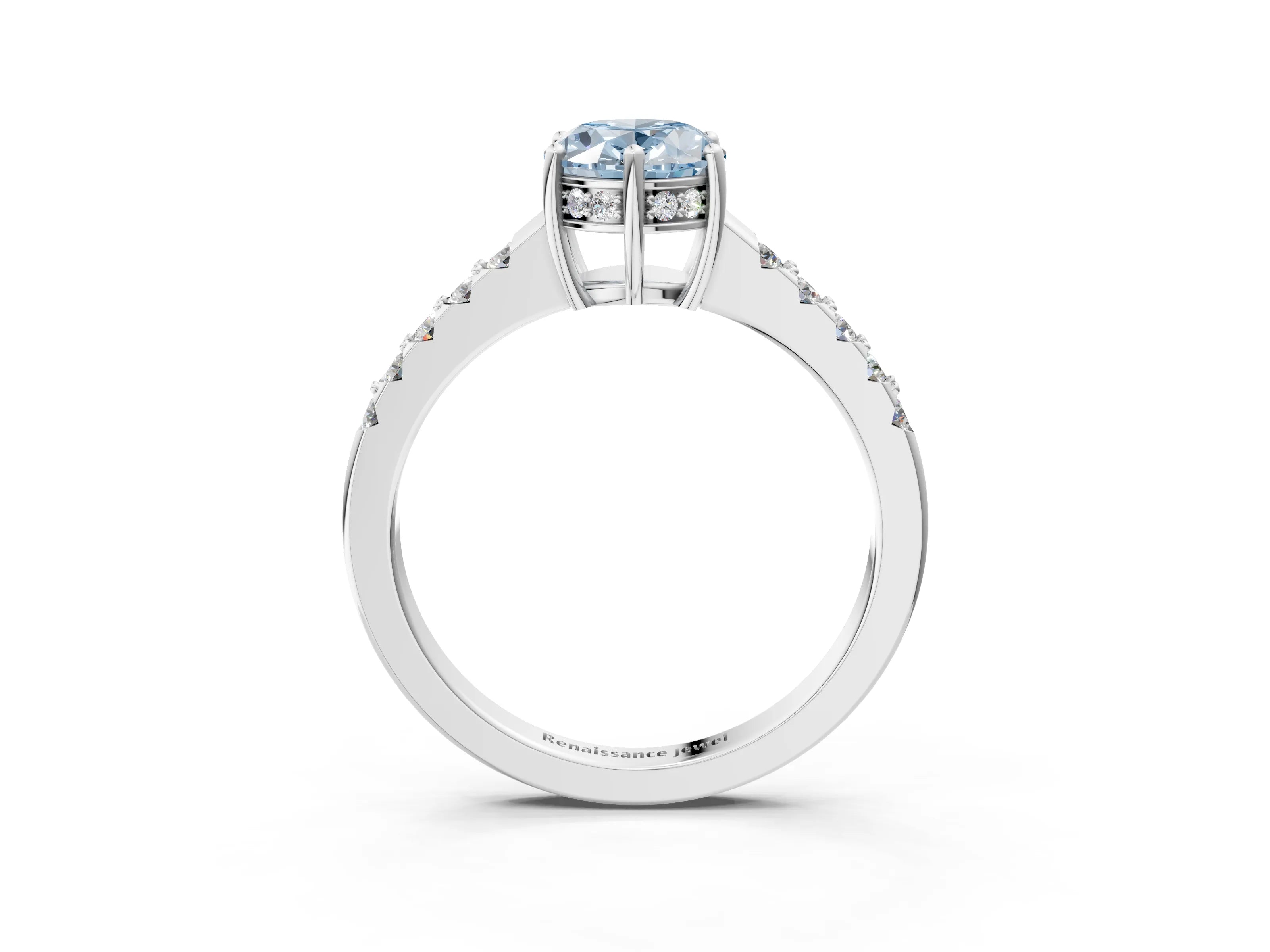White gold Fancy Blue Oval Cut Solitaire Diamond Engagement Ring with Pavé Band and Six-Prong Setting_15